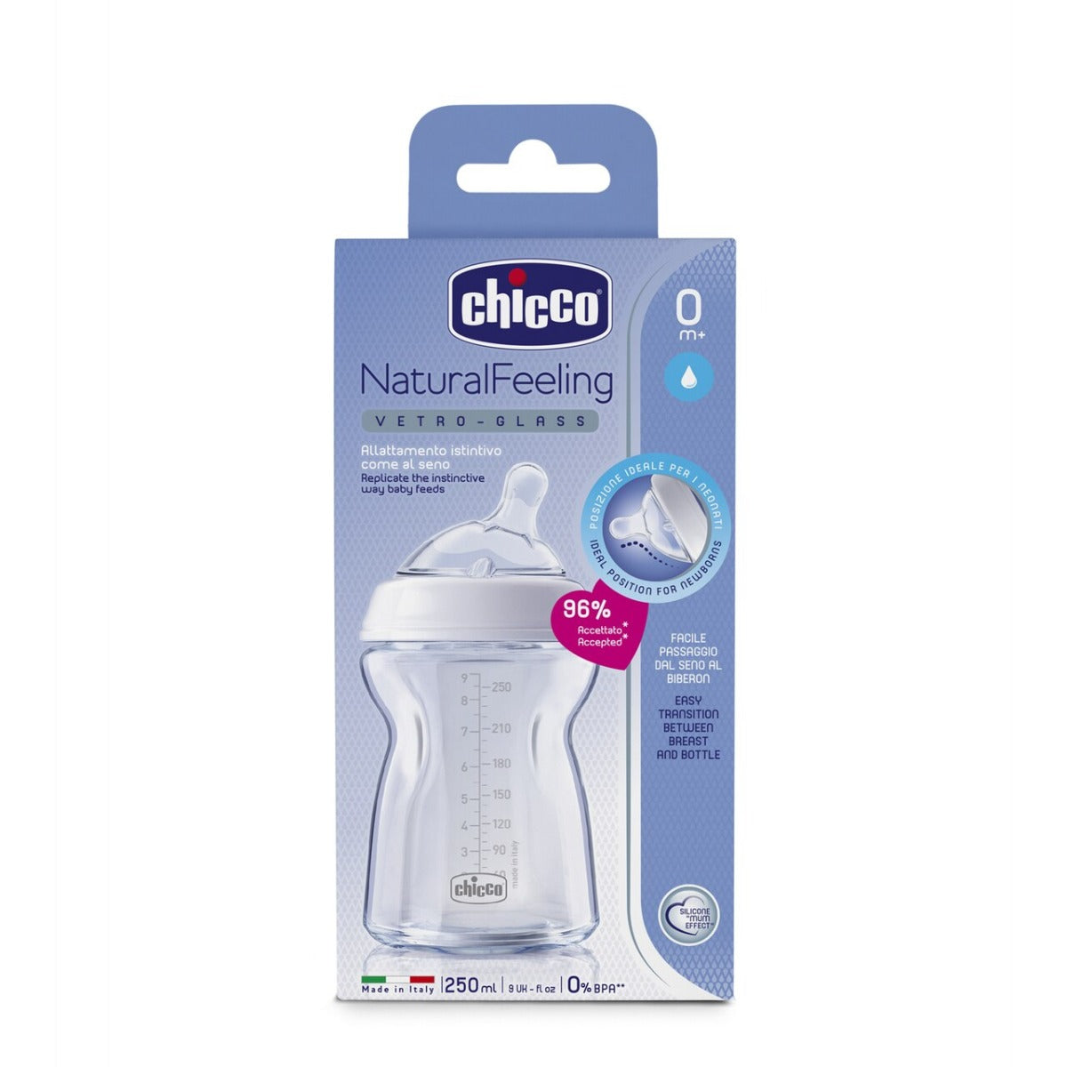 Buy Chicco Natural Feeling Glass Bottle 250ml 0months+ | Yallatoys.com