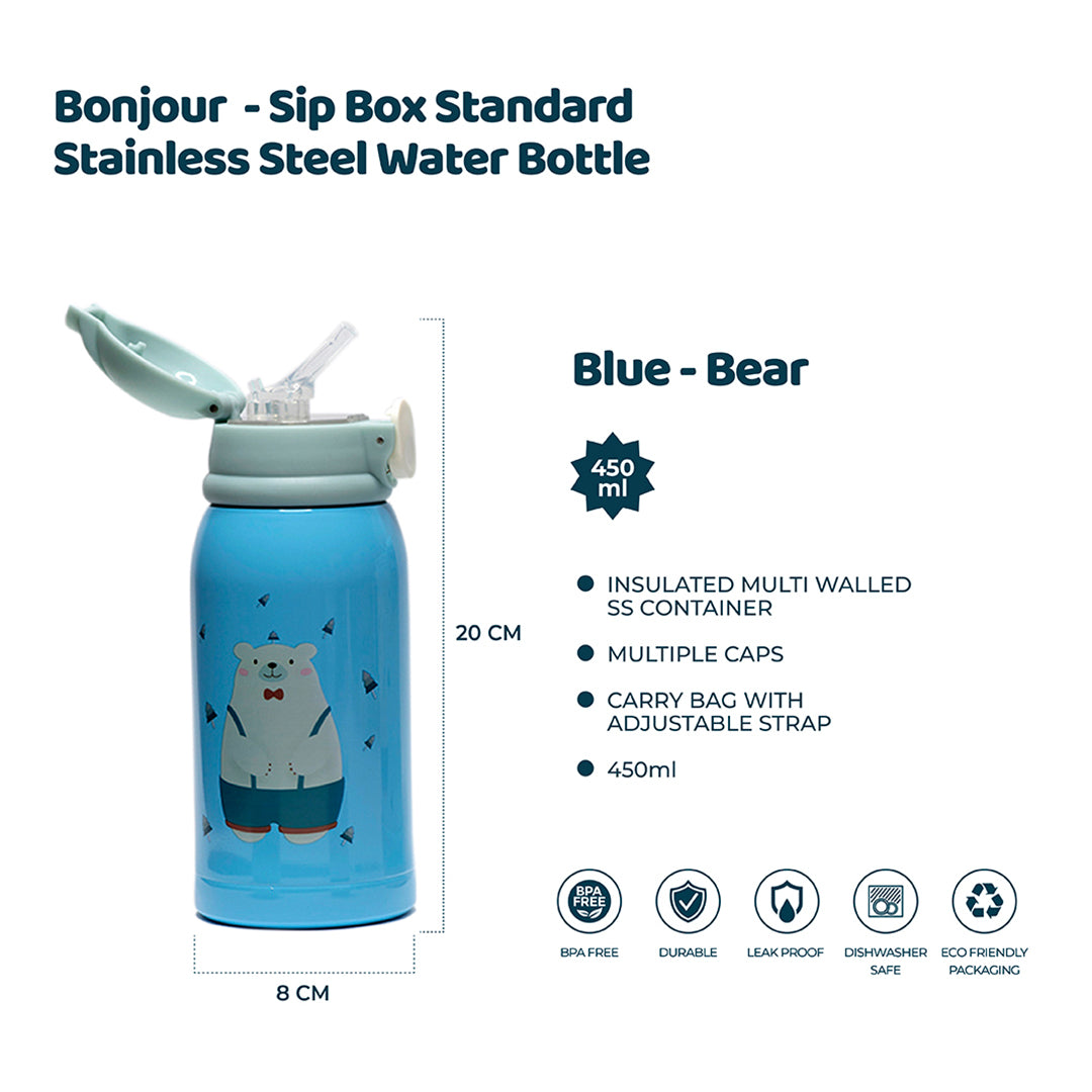 Buy Bonjour Sip Box Standard Stainless Steel Water Bottle For Kids Multi-Walled With Straw 450Ml Blue Bear | Yallatoys.com