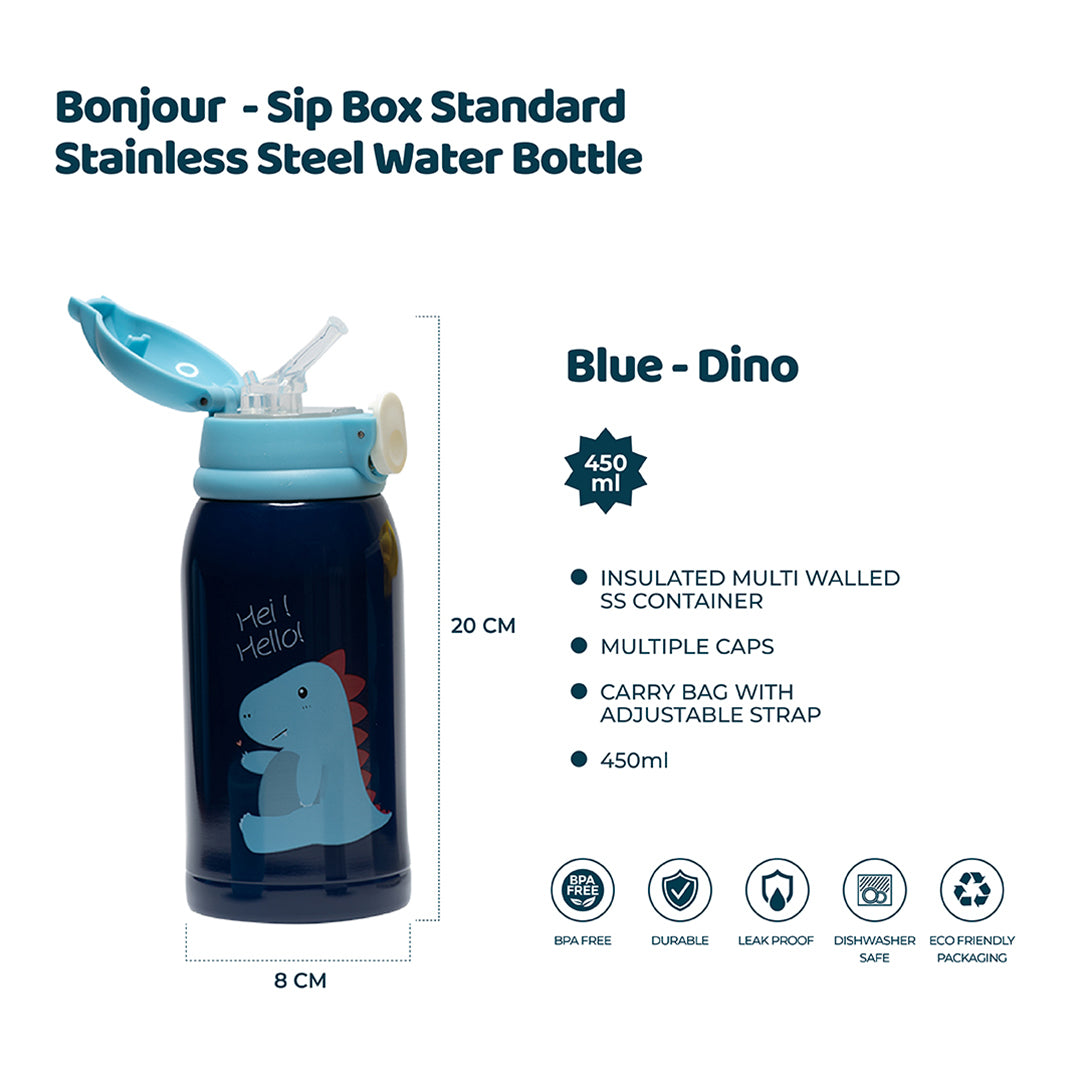 Buy Bonjour Sip Box Standard Stainless Steel Water Bottle For Kids Multi-Walled With Straw 450Ml Blue Dino | Yallatoys.com