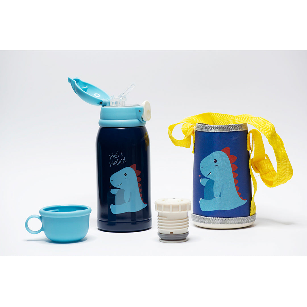 Buy Bonjour Sip Box Standard Stainless Steel Water Bottle For Kids Multi-Walled With Straw 450Ml Blue Dino | Yallatoys.com
