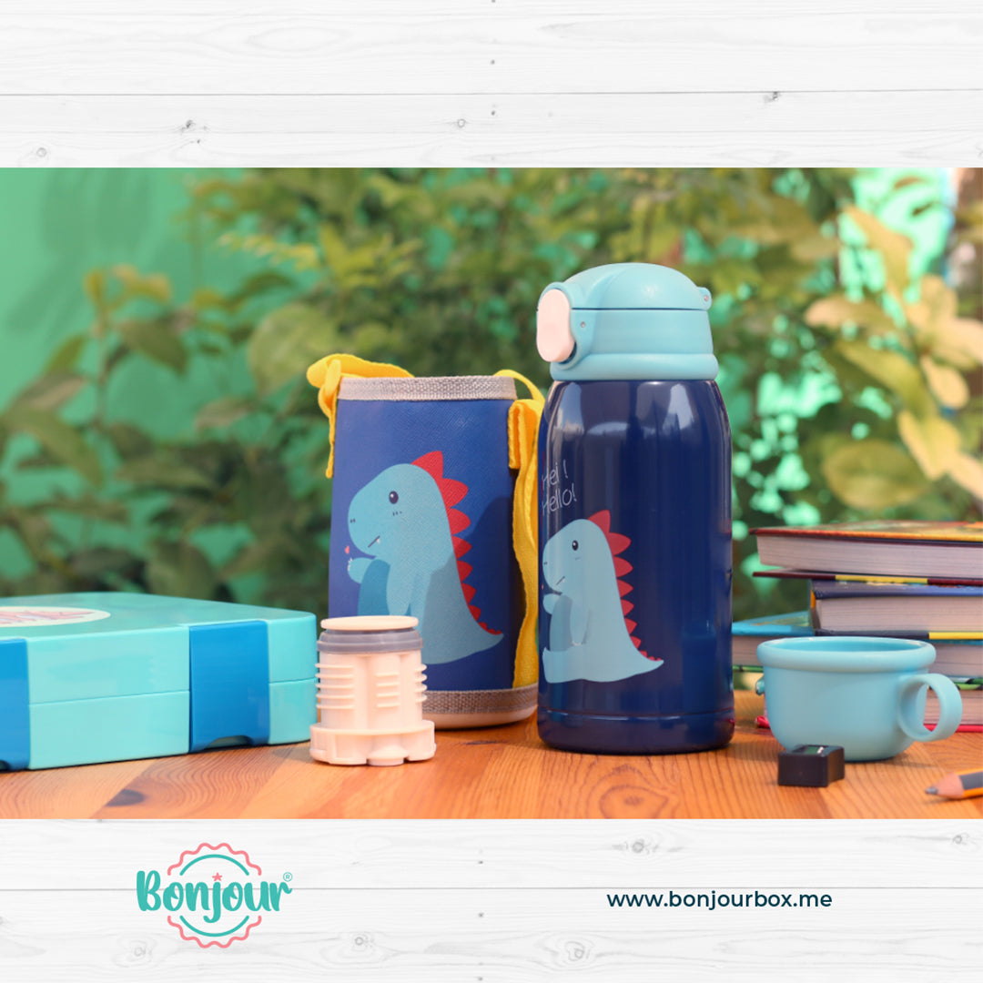 Buy Bonjour Sip Box Standard Stainless Steel Water Bottle For Kids Multi-Walled With Straw 450Ml Blue Dino | Yallatoys.com