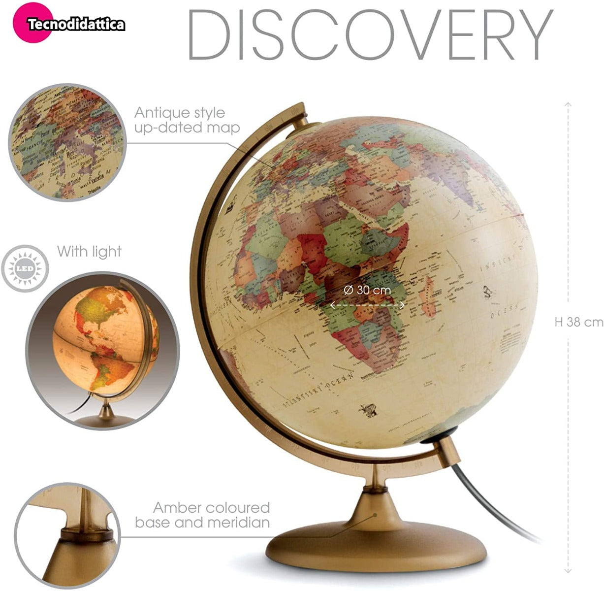 Buy Tecnodidattica Discovery Illuminated and revolving Globe 12inch Diameter Antique Style | Yallatoys.com