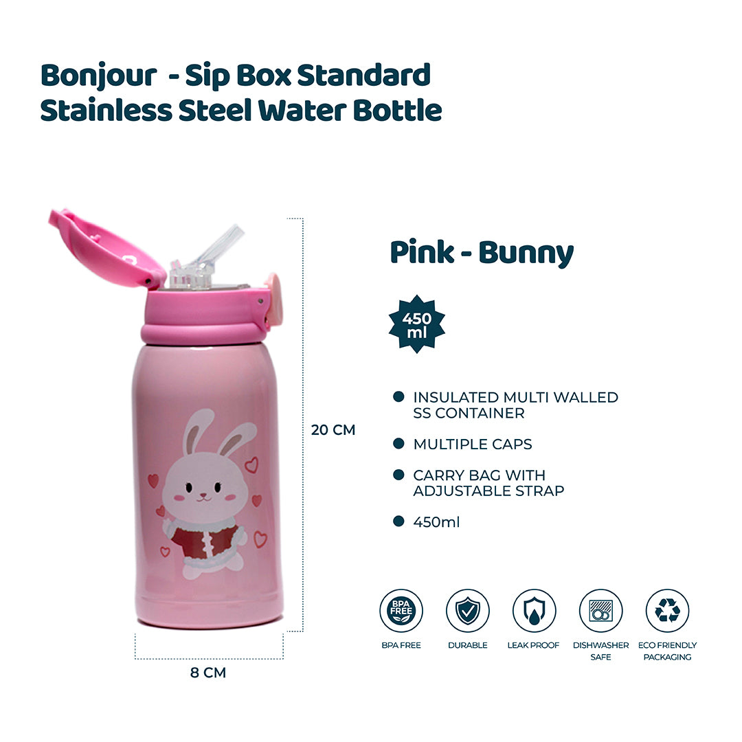 Buy Bonjour Sip Box Standard Stainless Steel Water Bottle For Kids Multi-Walled With Straw 450Ml Pink Bunny | Yallatoys.com