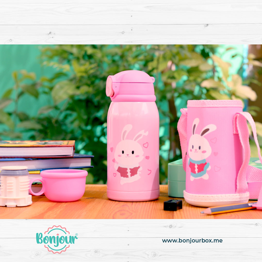 Buy Bonjour Sip Box Standard Stainless Steel Water Bottle For Kids Multi-Walled With Straw 450Ml Pink Bunny | Yallatoys.com