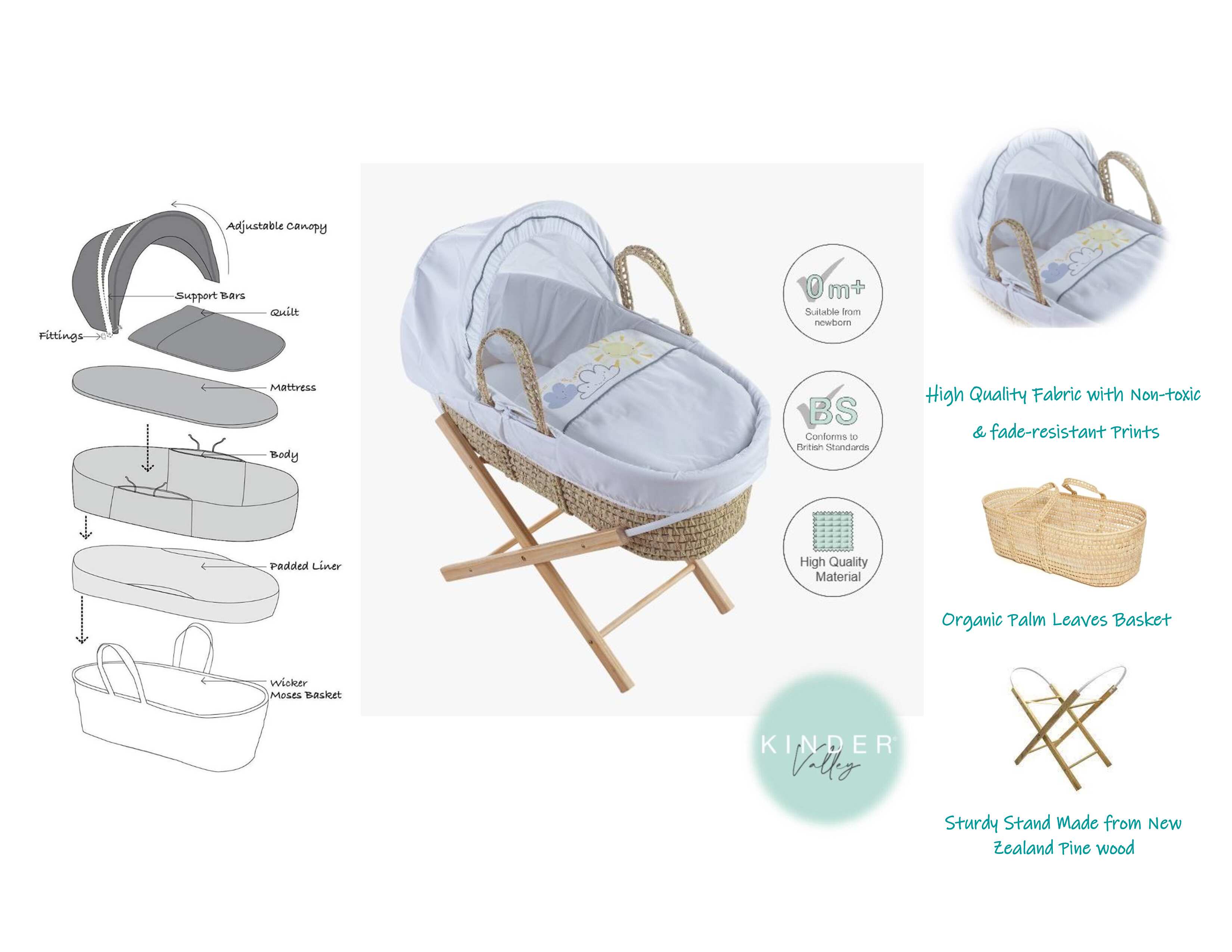 Kinder Valley Little Sunshine Moses Basket With Natural Stand Kinder Valley Yallatoys