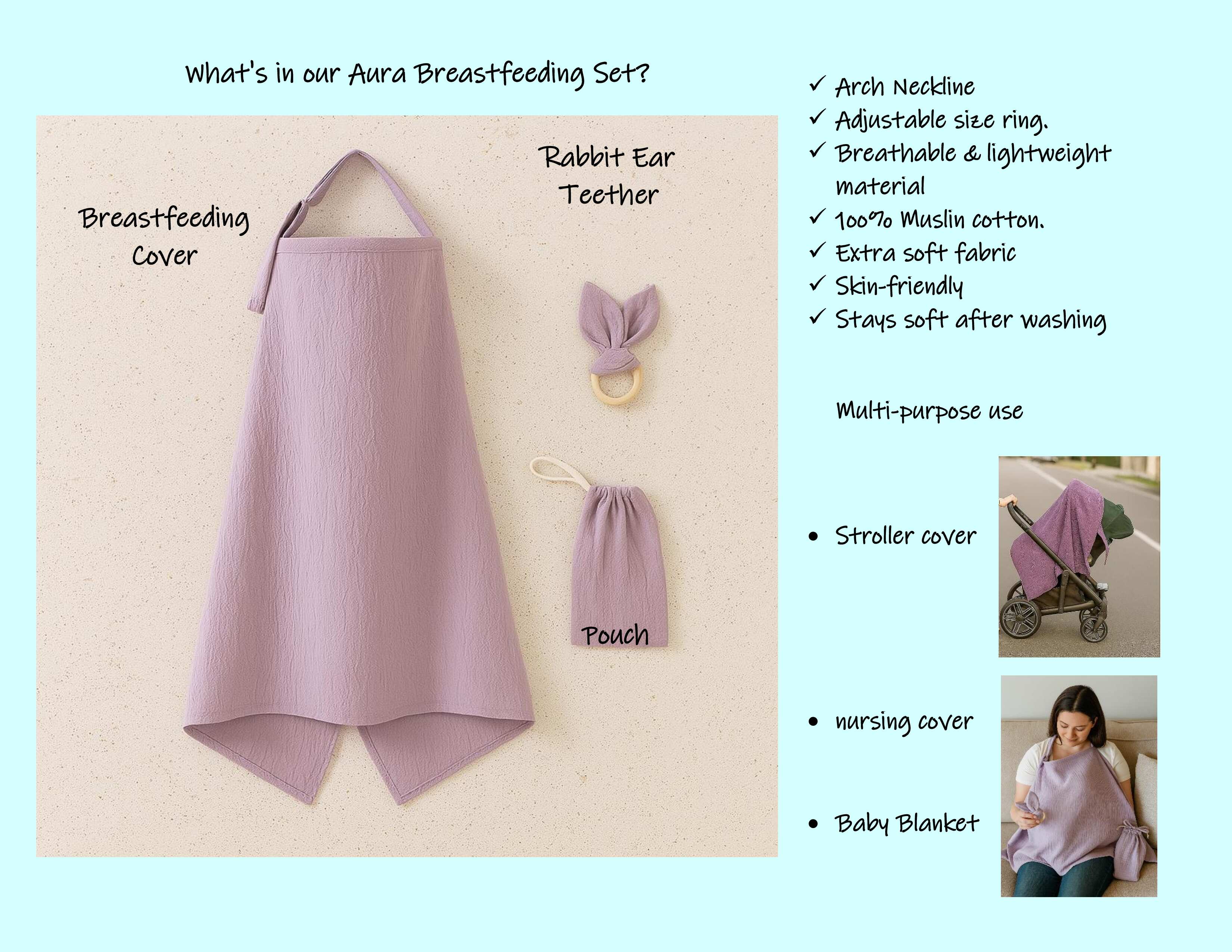 Kinder Valley Aura Breastfeeding Cover Set with Rabbit Ear Cloth Teether Mauve Kinder Valley Yallatoys