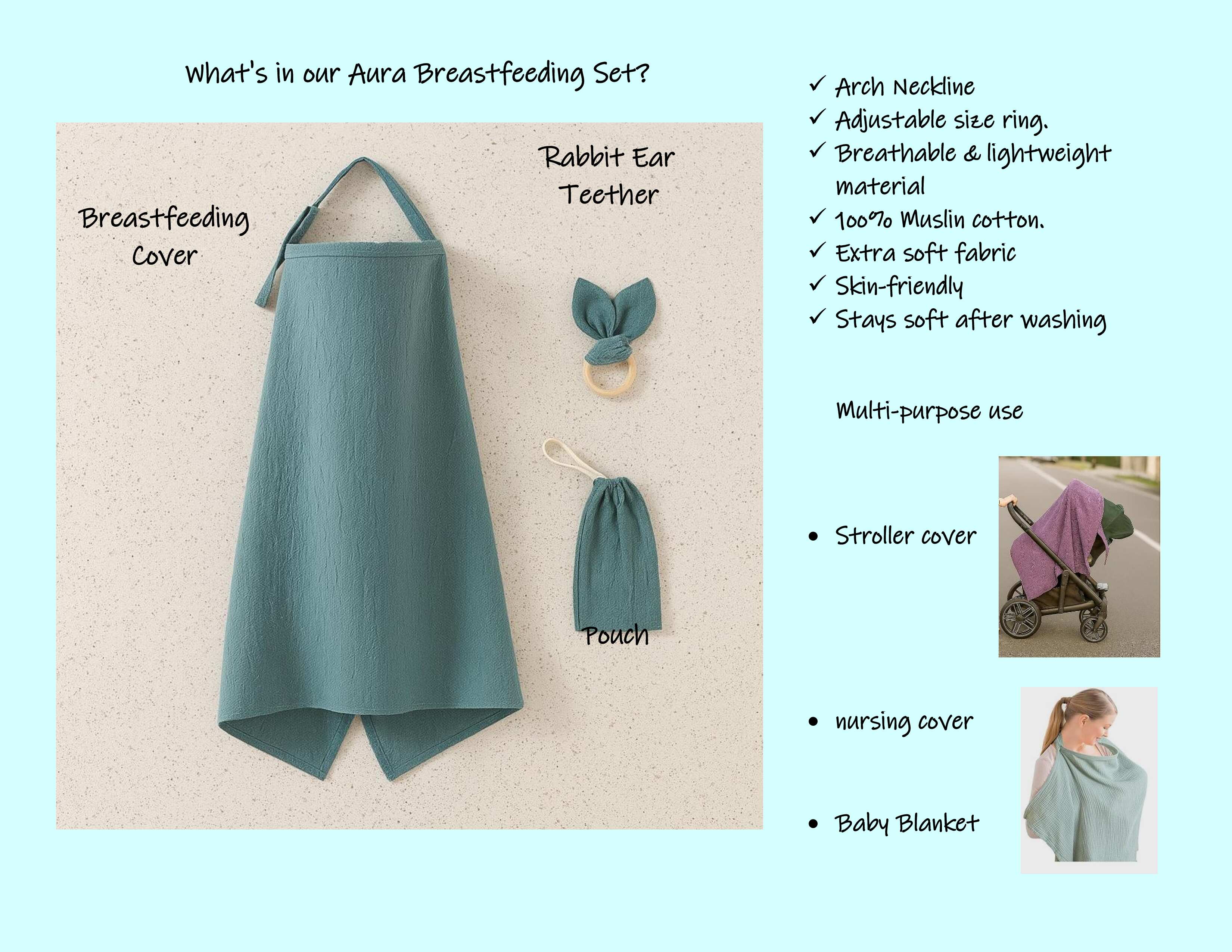 Kinder Valley Aura Breastfeeding Cover Set with Rabbit Ear Cloth Teether Teal Kinder Valley Yallatoys