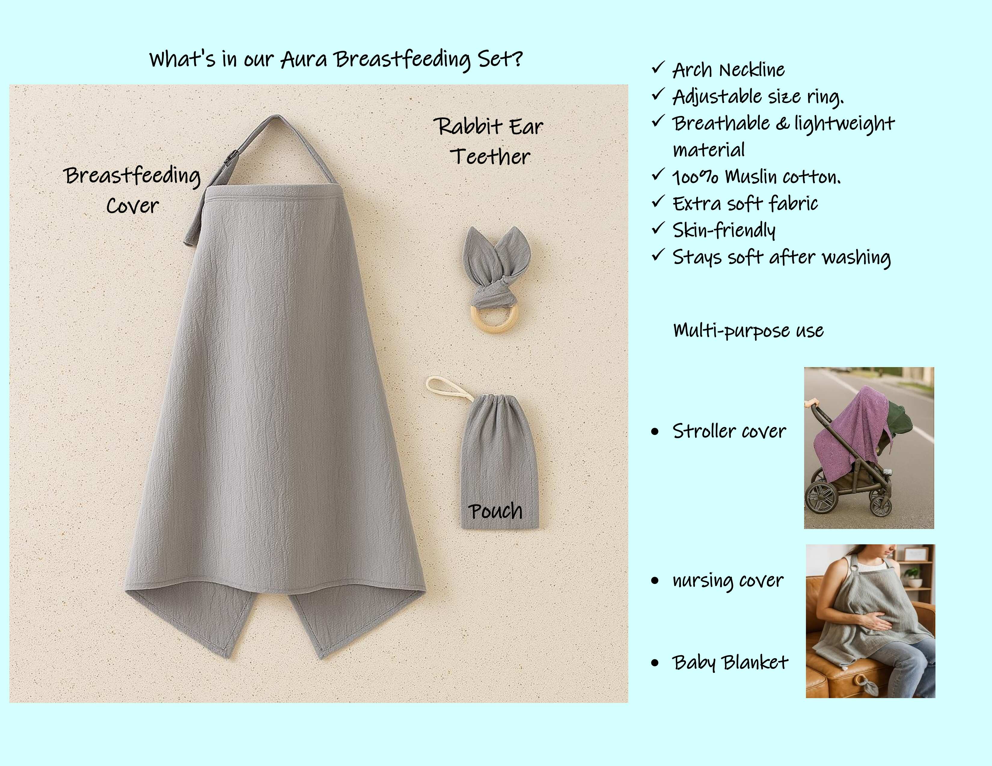 Kinder Valley Aura Breastfeeding Cover Set with Rabbit Ear Cloth Teether Grey Kinder Valley Yallatoys