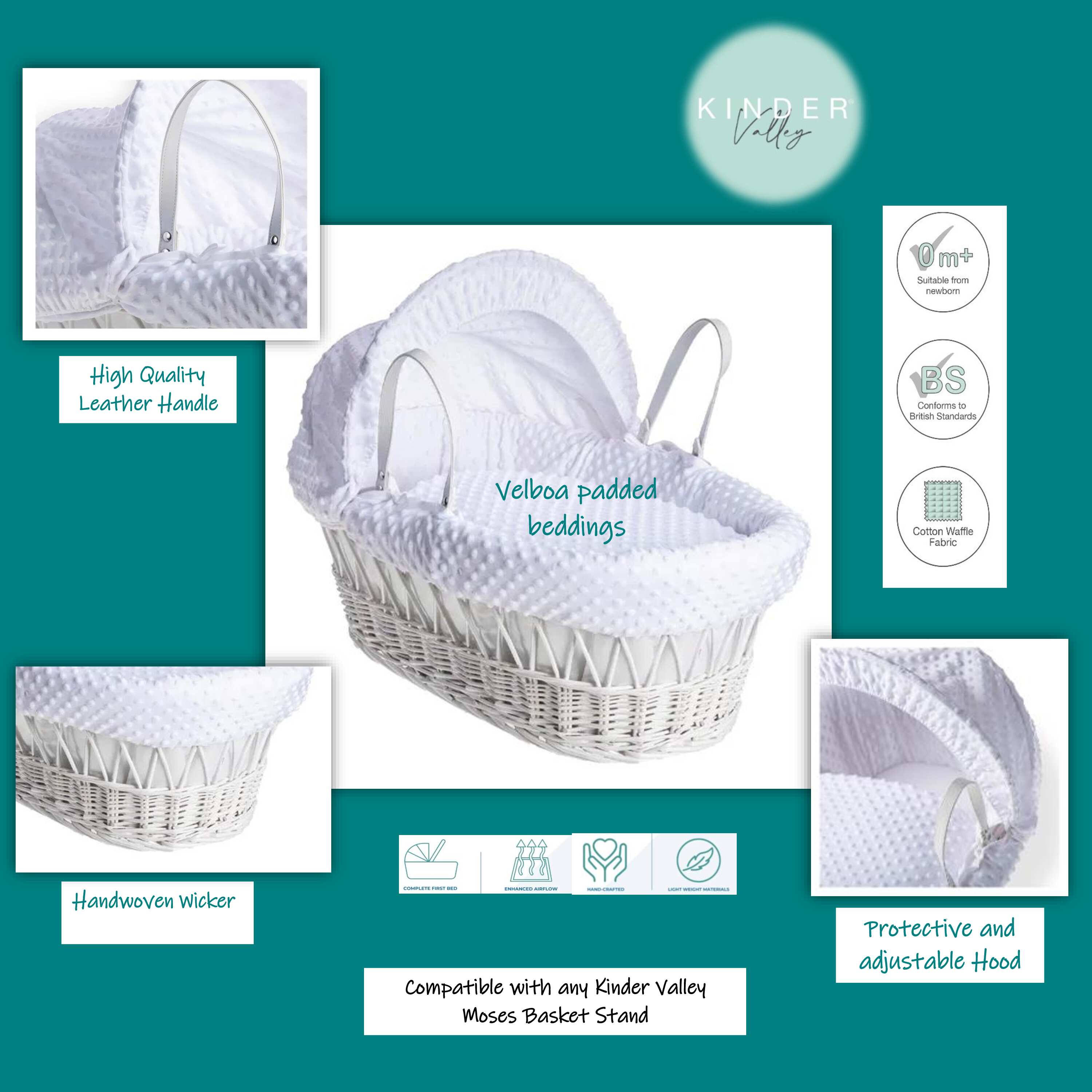Kinder Valley White Dimple Wicker Moses Basket White Kinder Valley Yallatoys