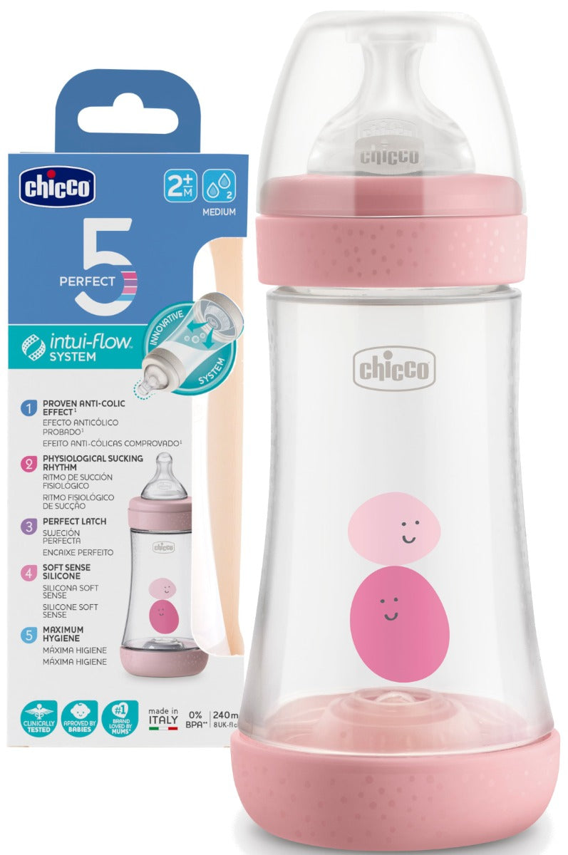 Chicco Perfect5 Bottle For Girls 2M+ - 240Ml - Medium Flow - Silicone Chicco Yallatoys