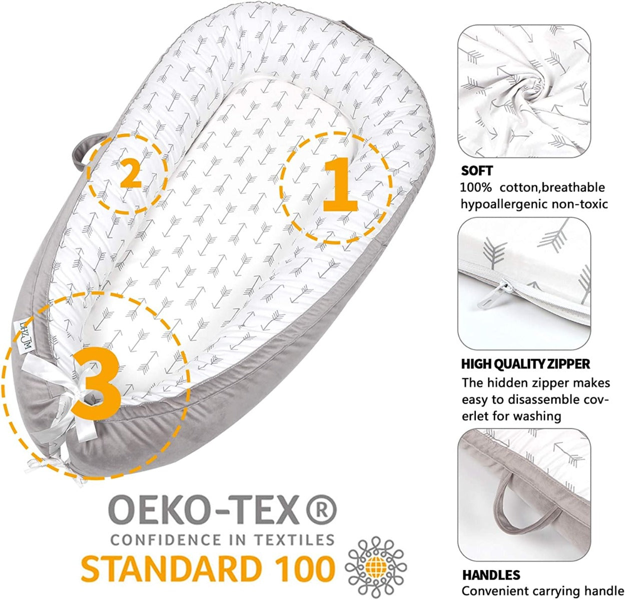 Little Story  Soft Breathable Fiberfill Newborn Lounger Bed Arrow Grey Little Story Yallatoys