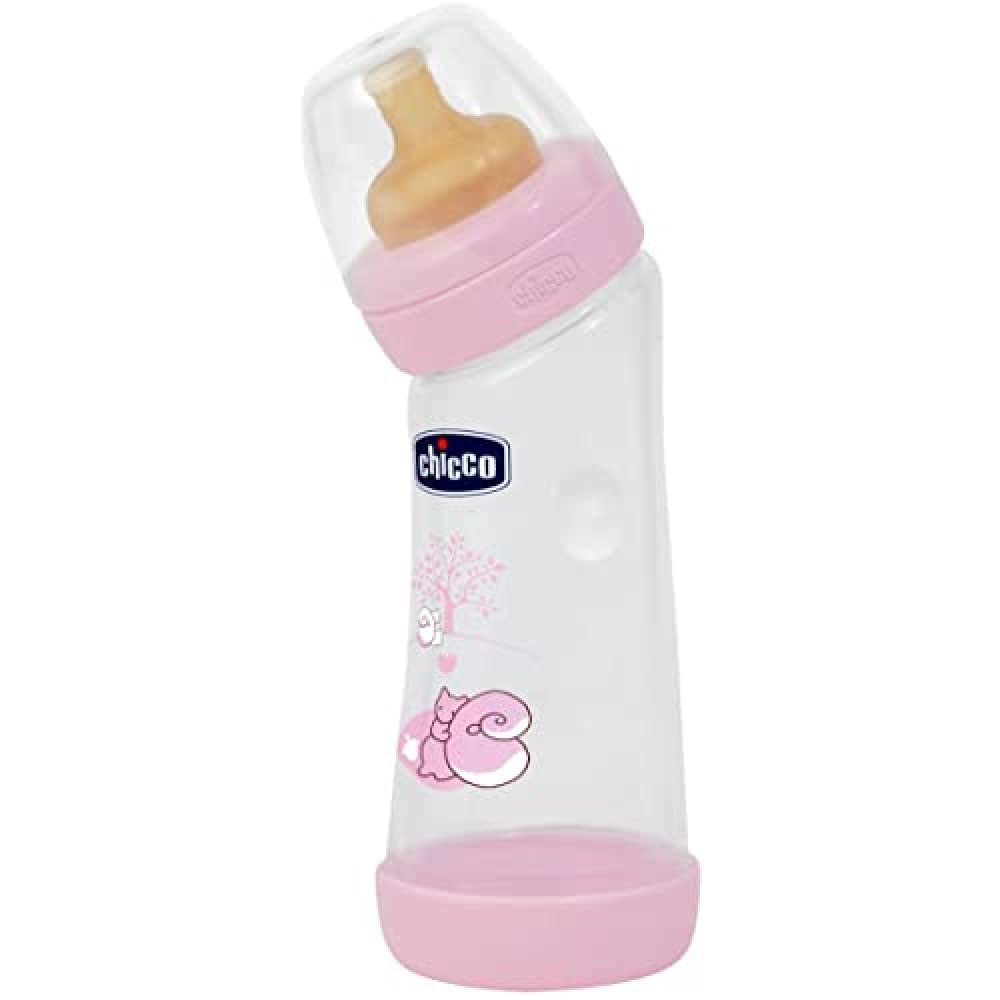Chicco Baby Well Being Angled Feeding Bottle For Girls - 250Ml - Normal Flow - 0M+ - Silicone Chicco Yallatoys