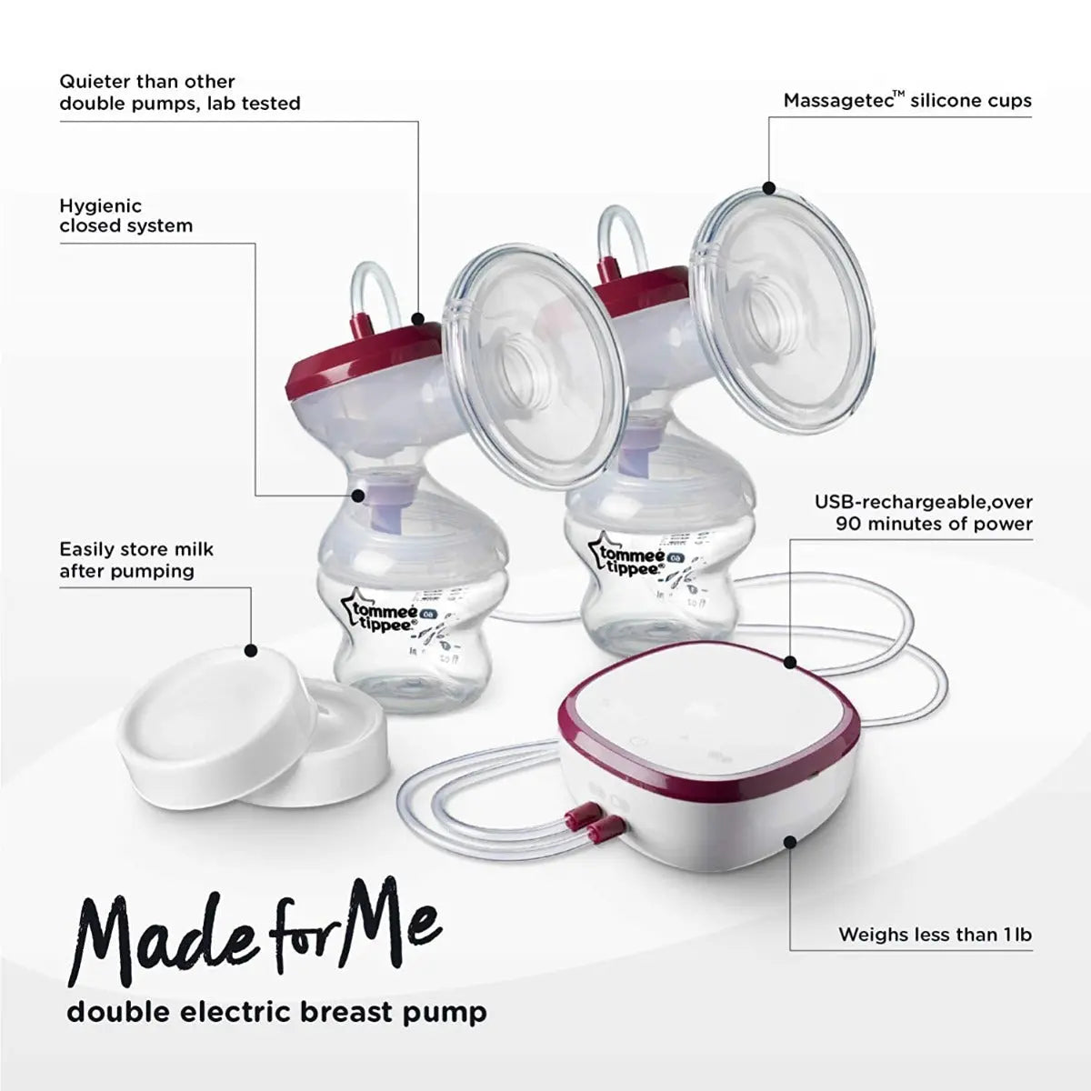Tommee Tippee Made For Me Double  Electric Breast Pump  Very Quiet Usb Rechargeable & Portable Unit With Massage & Express Modes Tommee Tippee Yallatoys