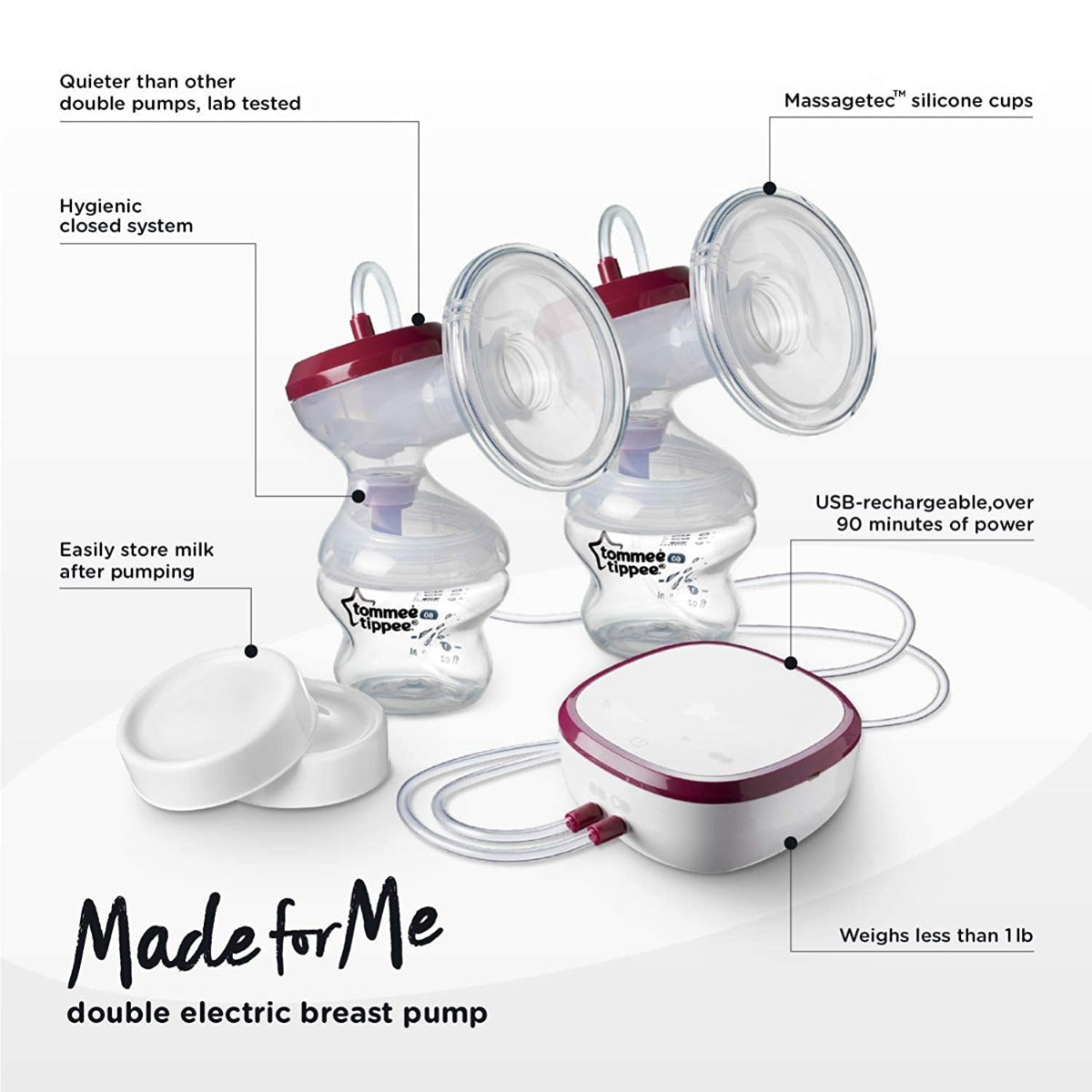 Buy Tommee Tippee Made For Me Double  Electric Breast Pump  Very Quiet Usb Rechargeable & Portable Unit With Massage & Express Modes | Yallatoys.com