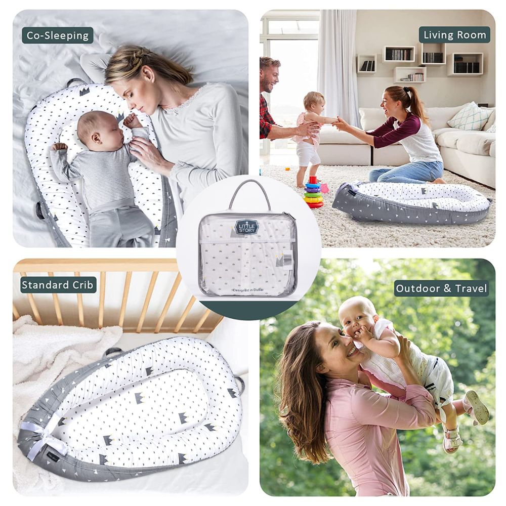 Little Story  Soft Breathable Fiberfill Newborn Lounger Bed Royal Grey Little Story Yallatoys