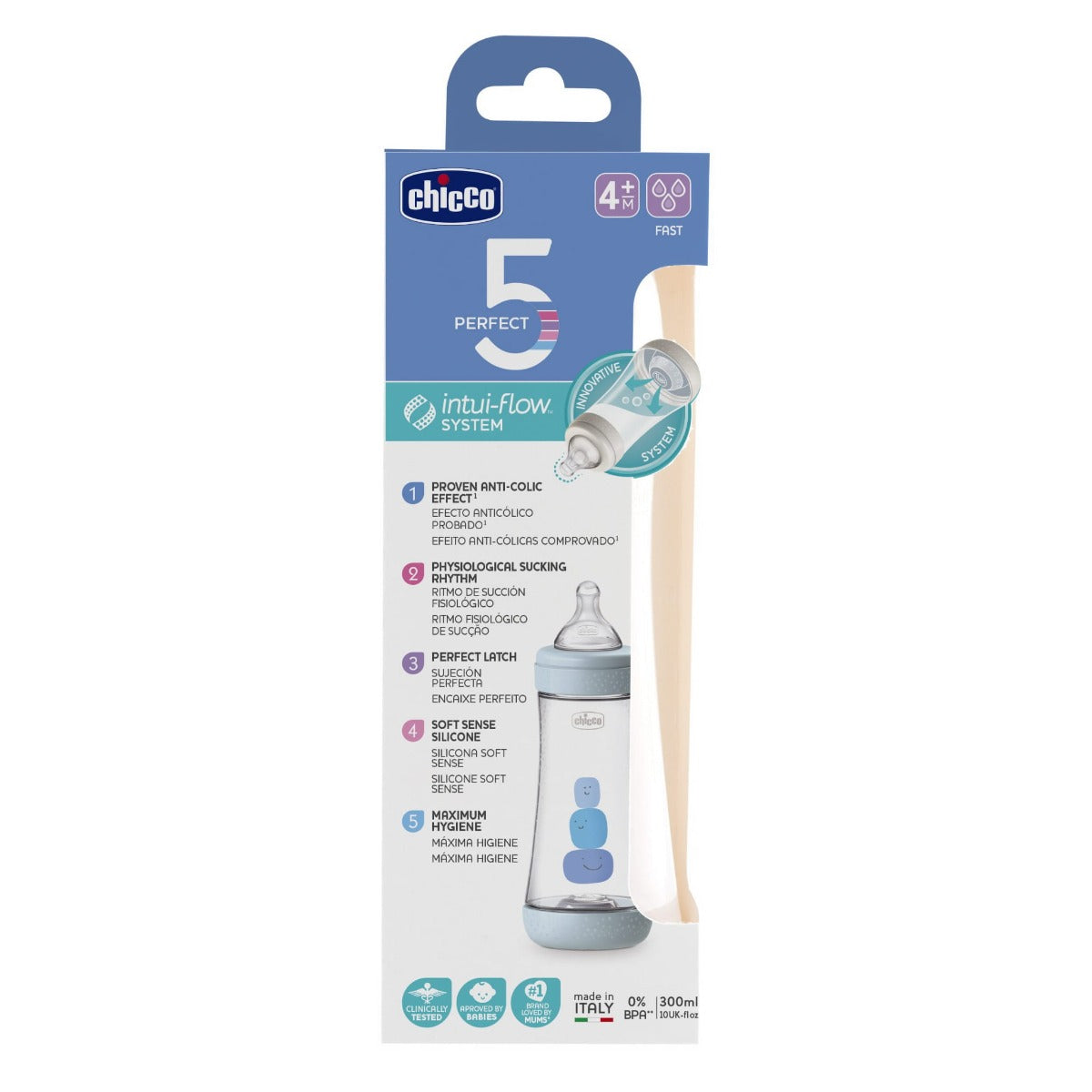 Chicco Perfect5 Bottle For Boys 4M+ - 300Ml - Fast Flow - Silicone Chicco Yallatoys