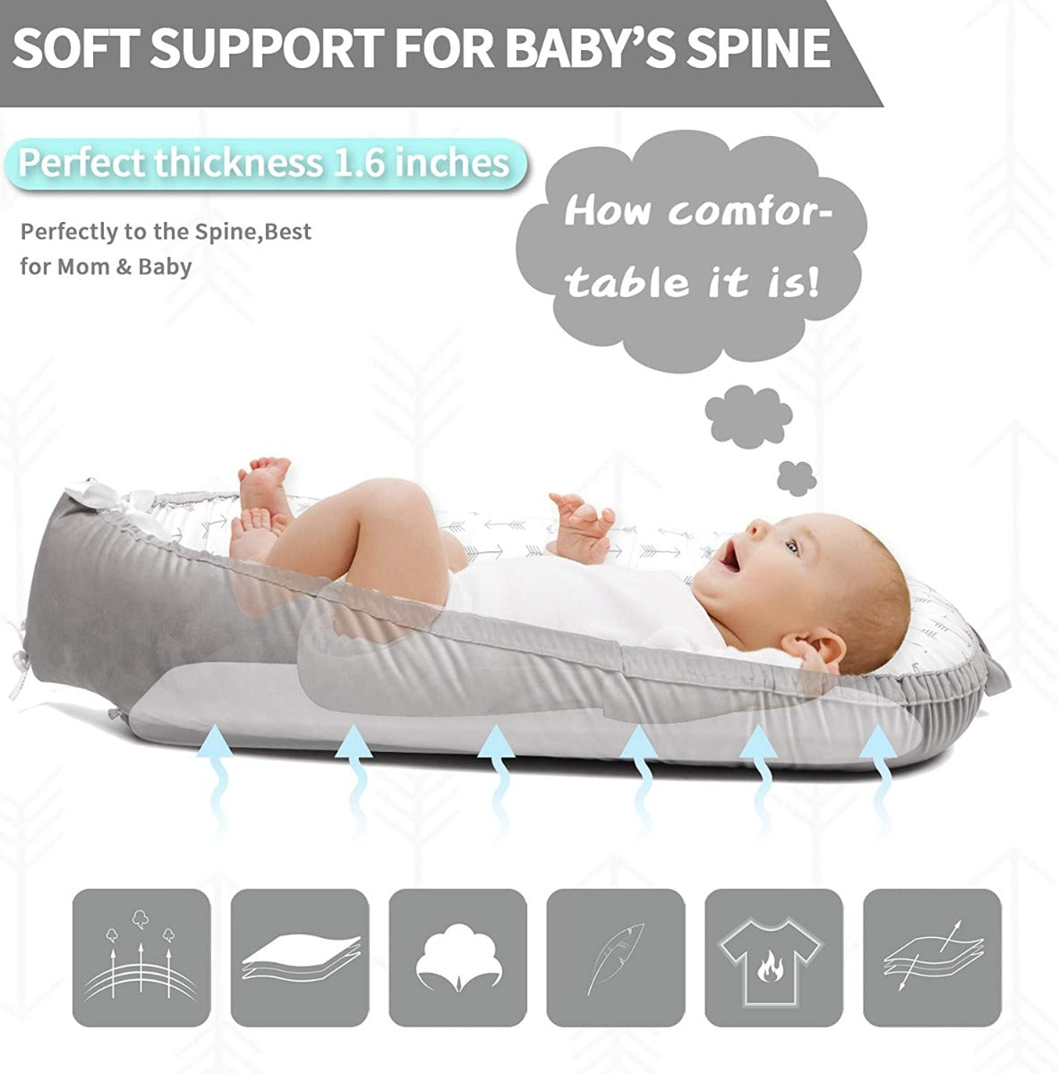 Little Story  Soft Breathable Fiberfill Newborn Lounger Bed Arrow Grey Little Story Yallatoys