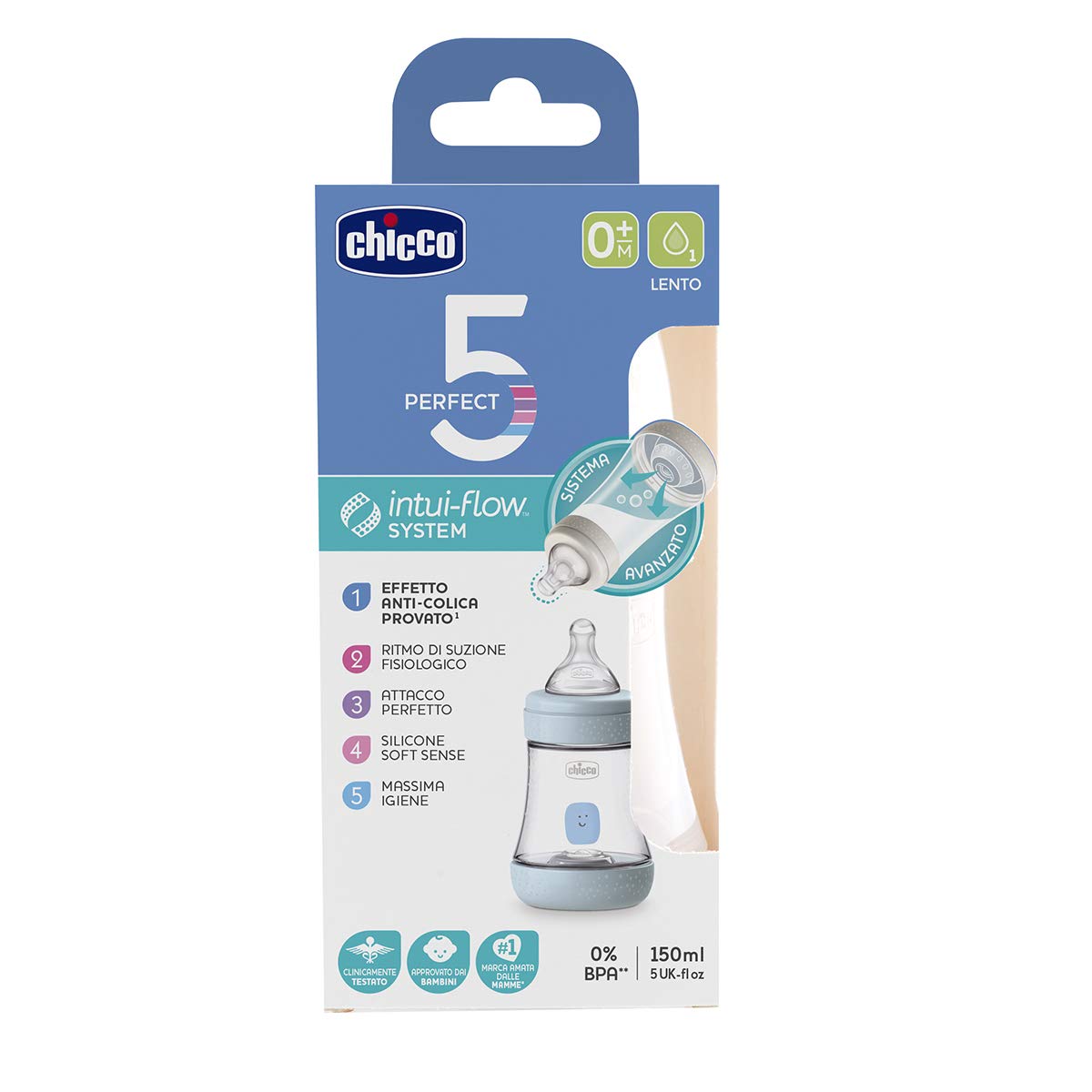 Chicco Perfect5 Bottle for Boys 0M+ - 150ML - Slow Flow - Silicone Chicco Yallatoys