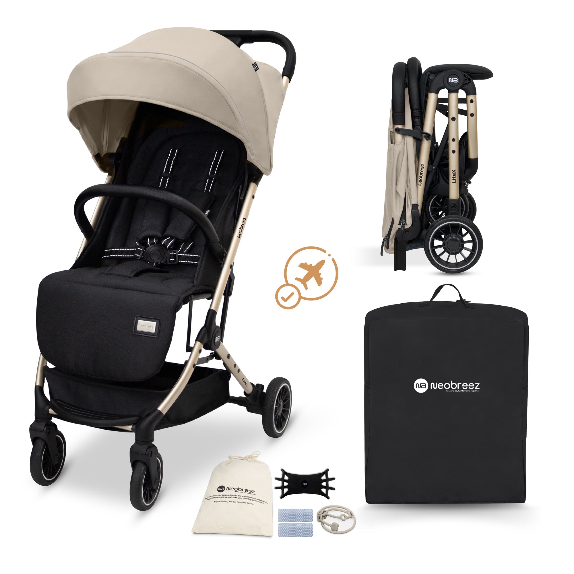 Neobreez Litex Compact Cabin Stroller Beige Black with Gold Frame