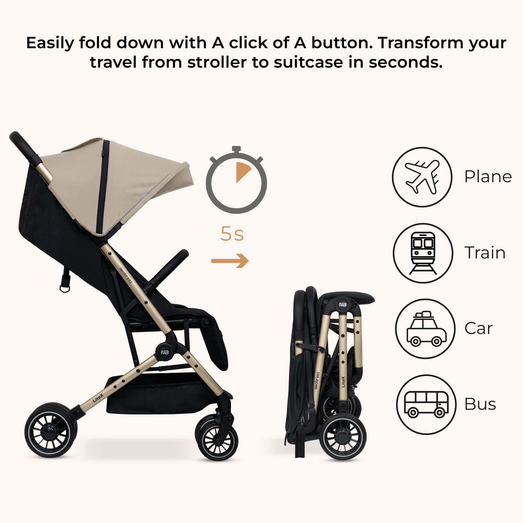Neobreez Litex Compact Cabin Stroller Beige Black with Gold Frame