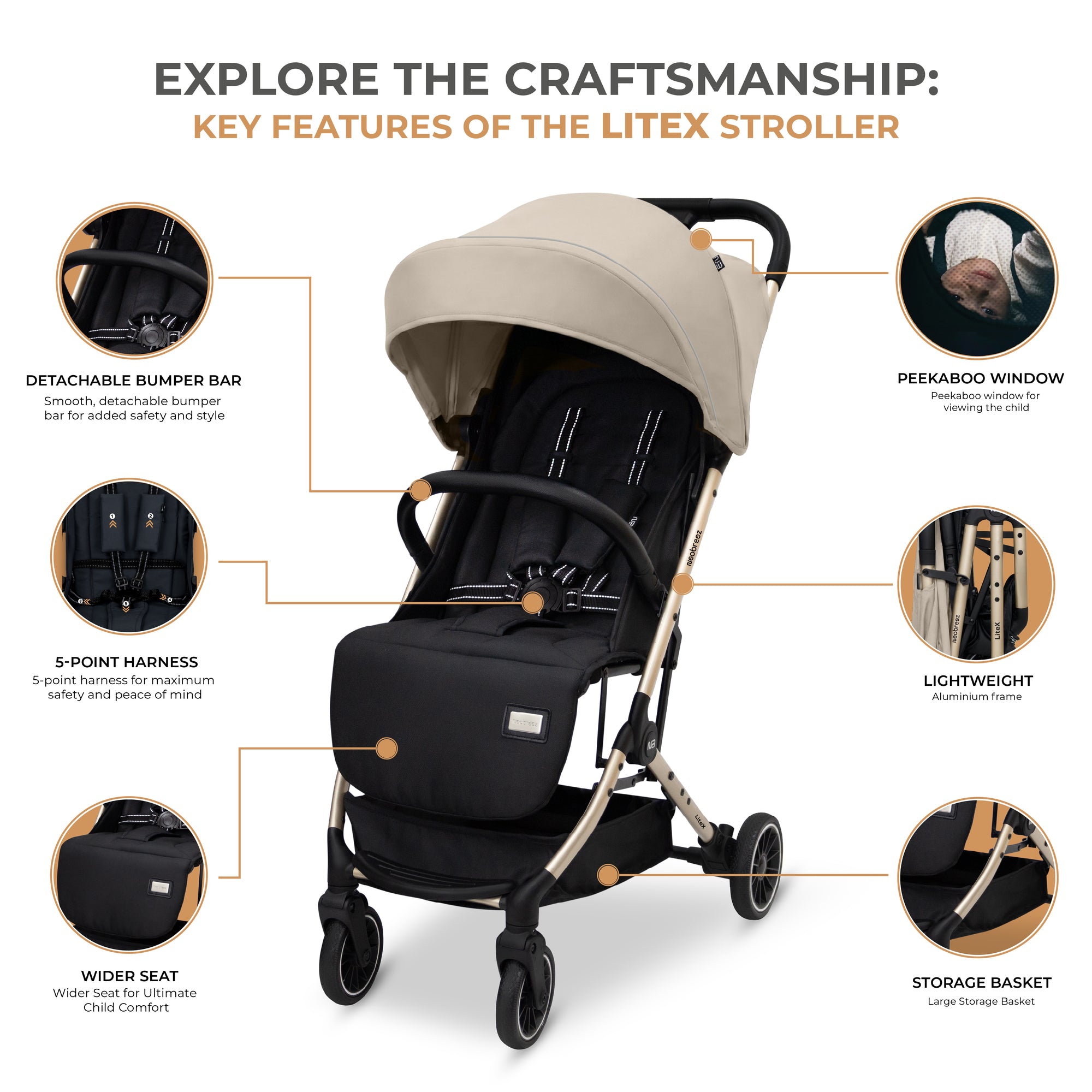 Neobreez Litex Compact Cabin Stroller Beige Black with Gold Frame