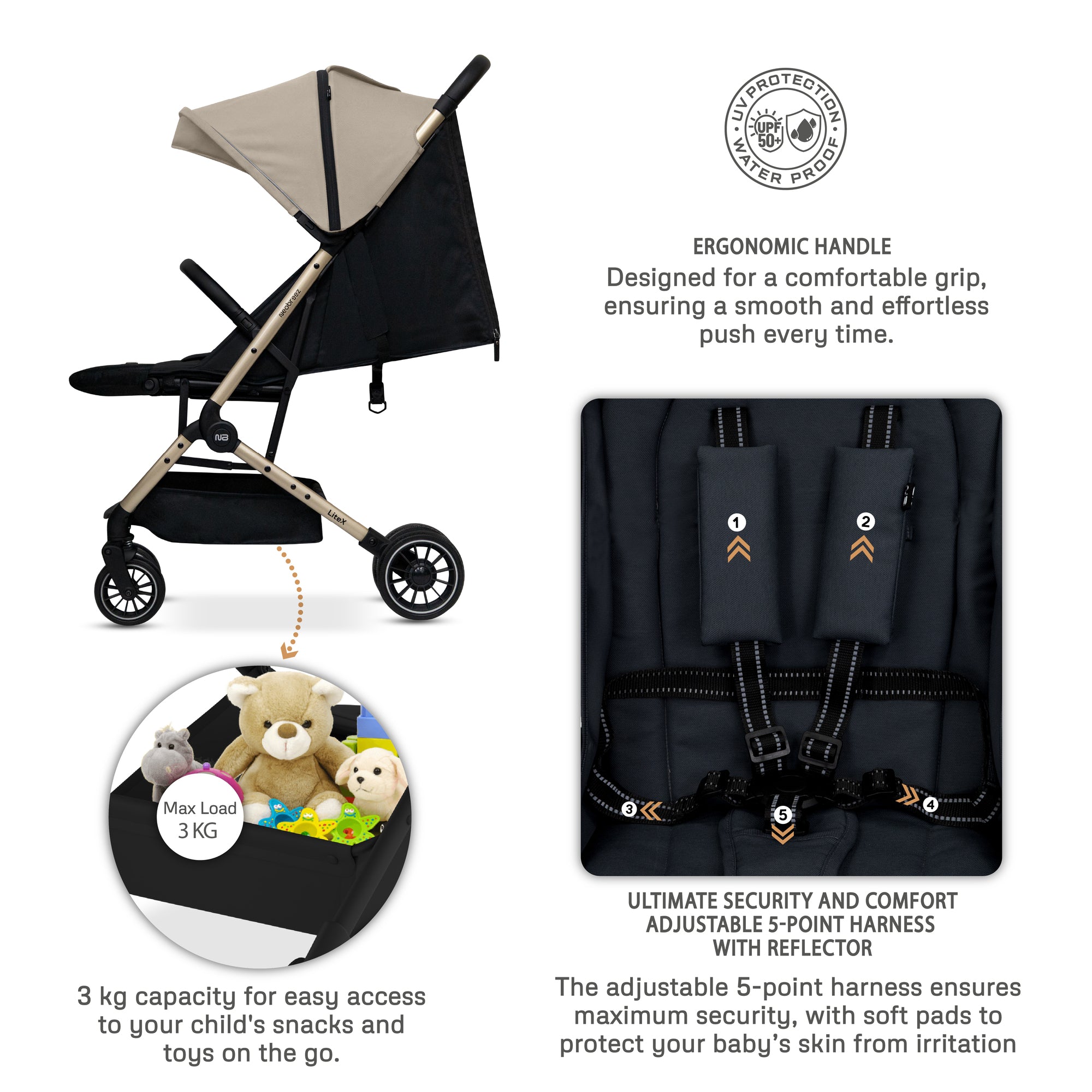 Neobreez Litex Compact Cabin Stroller Beige Black with Gold Frame