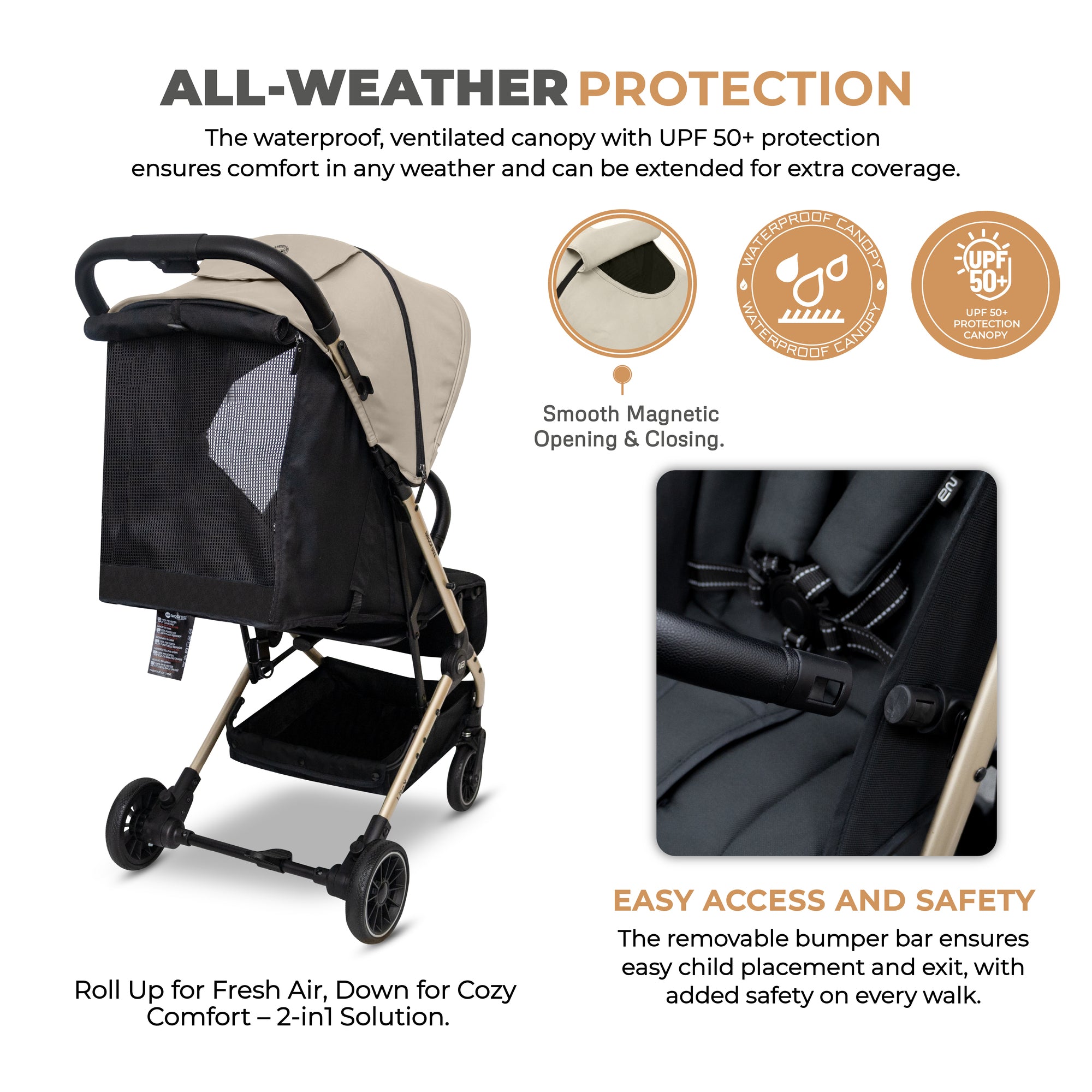 Neobreez Litex Compact Cabin Stroller Beige Black with Gold Frame