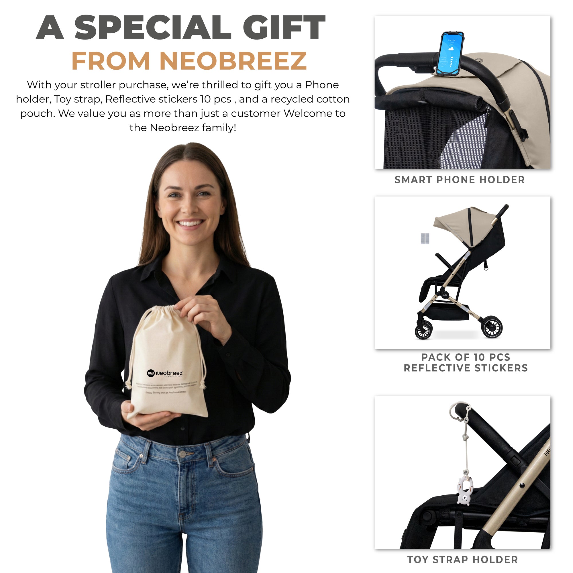 Neobreez Litex Compact Cabin Stroller Beige Black with Gold Frame