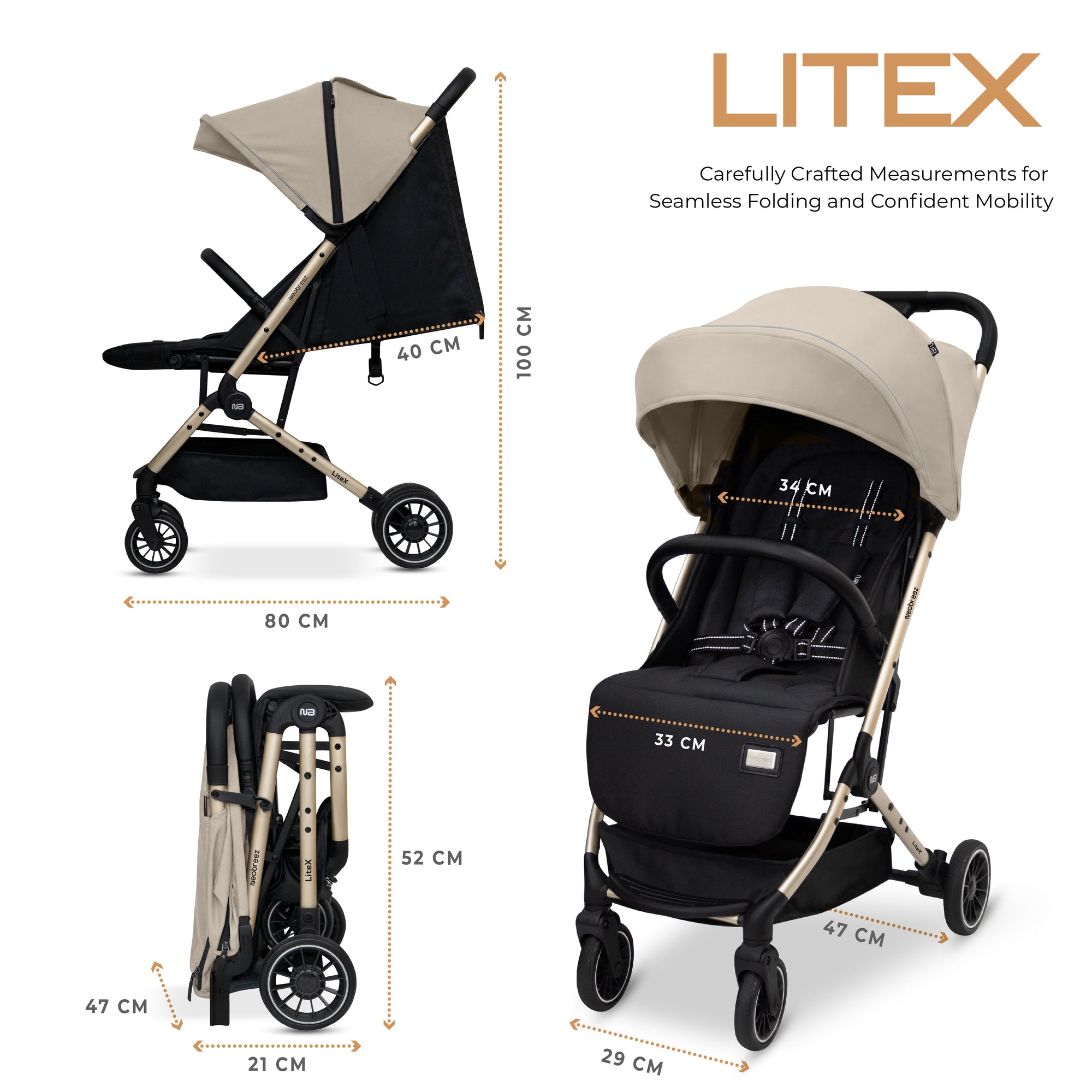 Neobreez Litex Compact Cabin Stroller Beige Black with Gold Frame