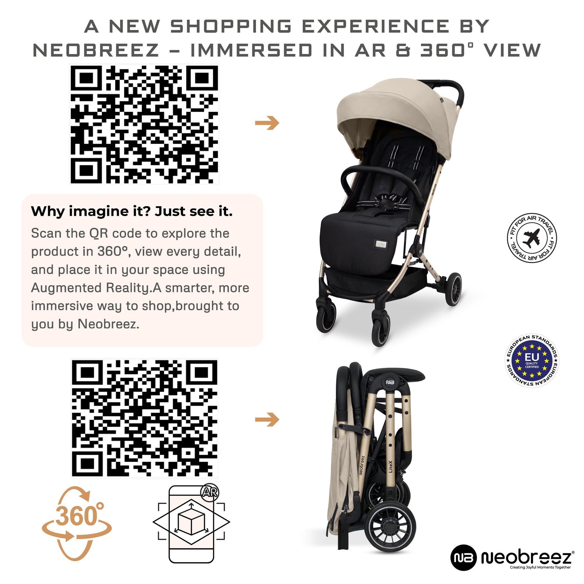 Neobreez Litex Compact Cabin Stroller Beige Black with Gold Frame