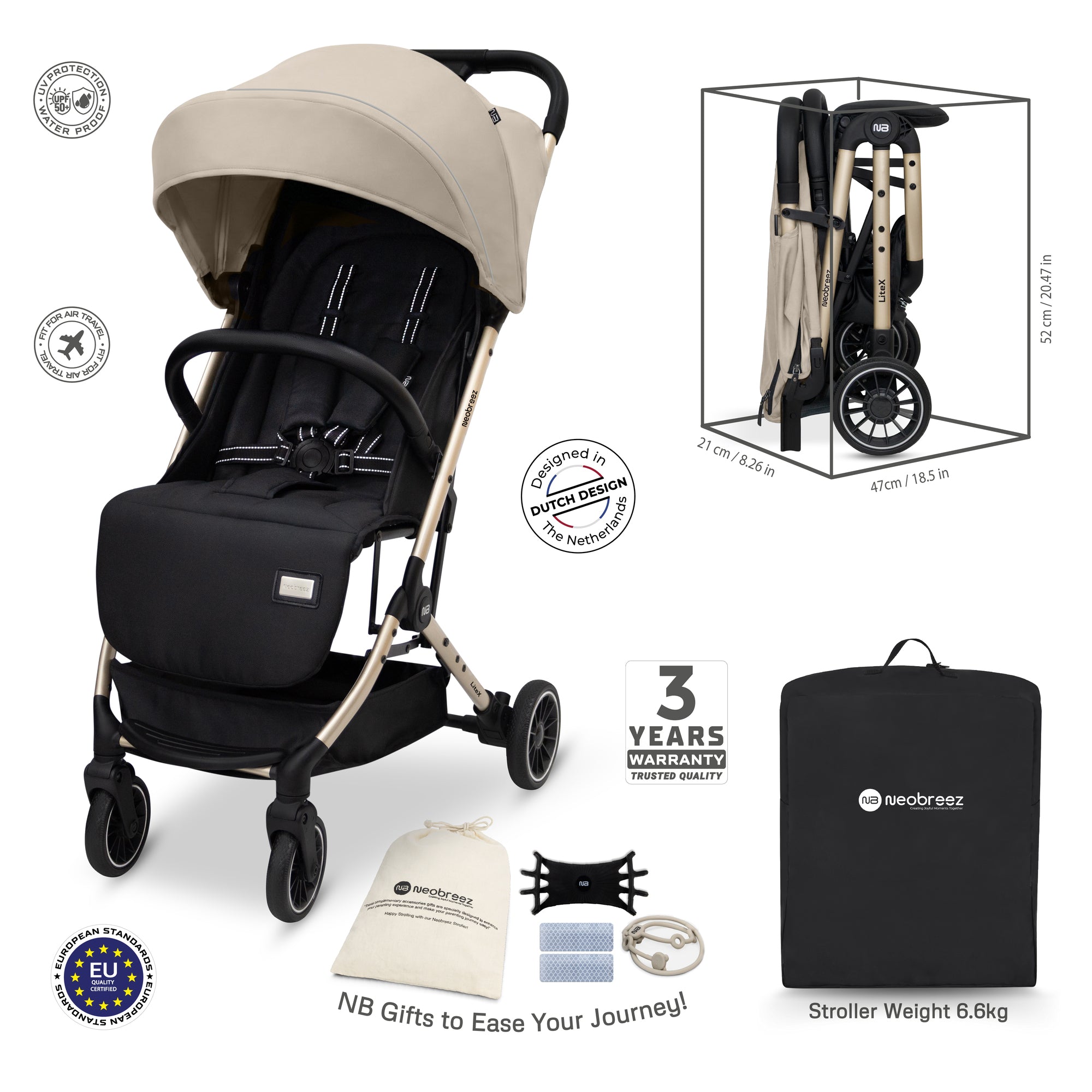 Neobreez Litex Compact Cabin Stroller Beige Black with Gold Frame
