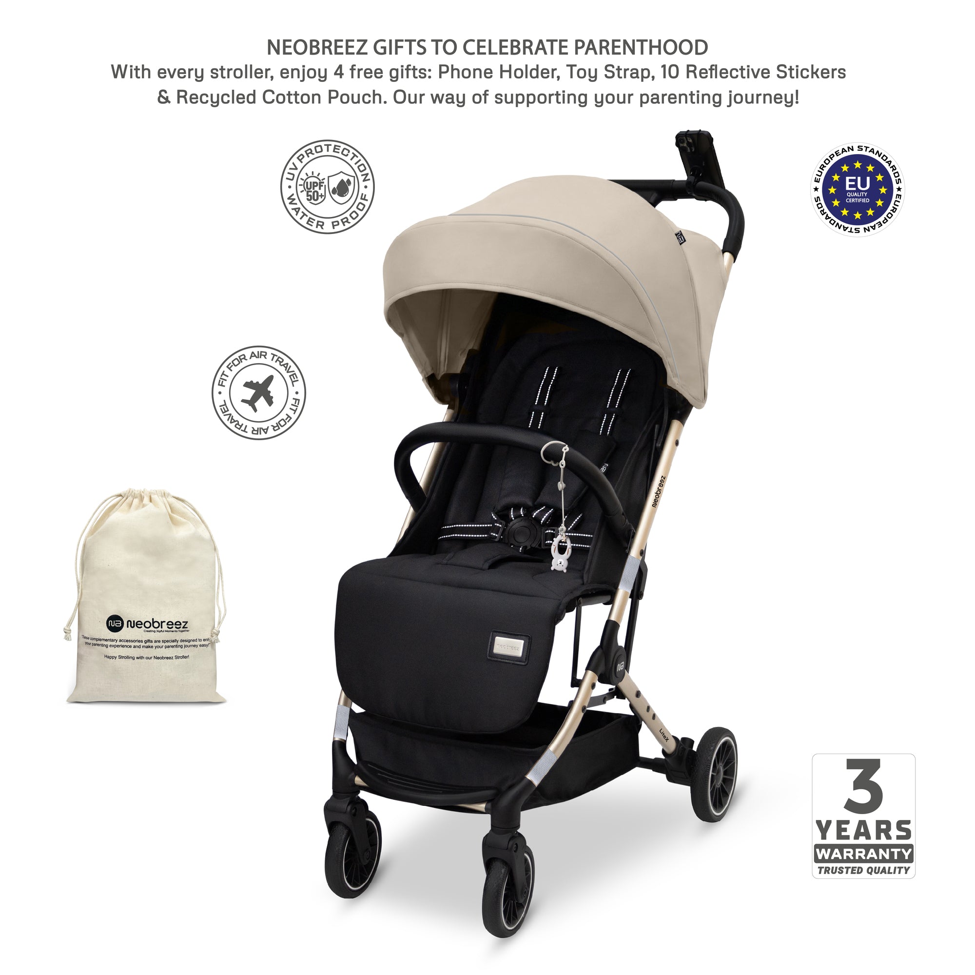 Neobreez Litex Compact Cabin Stroller Beige Black with Gold Frame