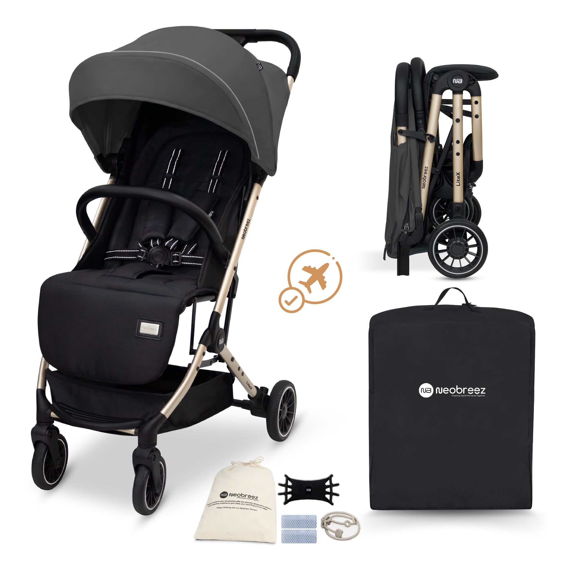 Neobreez Litex Compact Cabin Stroller Grey Black with Gold Frame