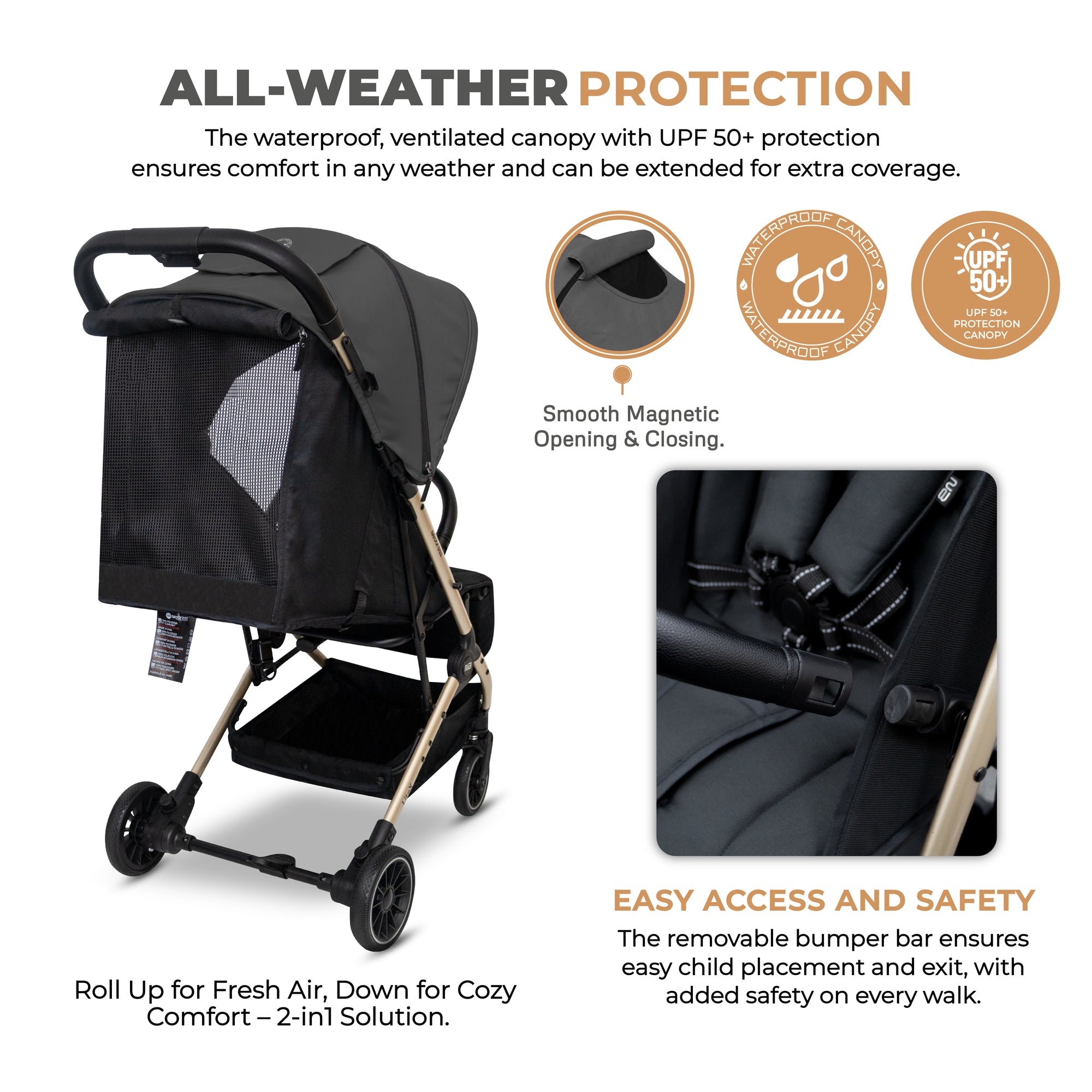 Neobreez Litex Compact Cabin Stroller Grey Black with Gold Frame