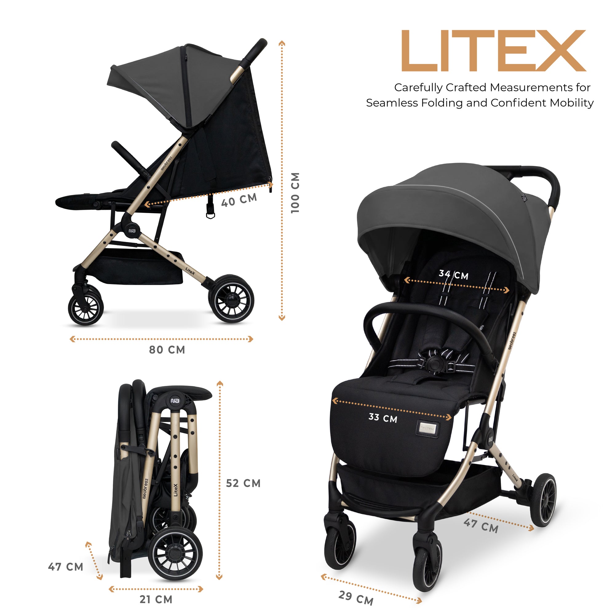Neobreez Litex Compact Cabin Stroller Grey Black with Gold Frame