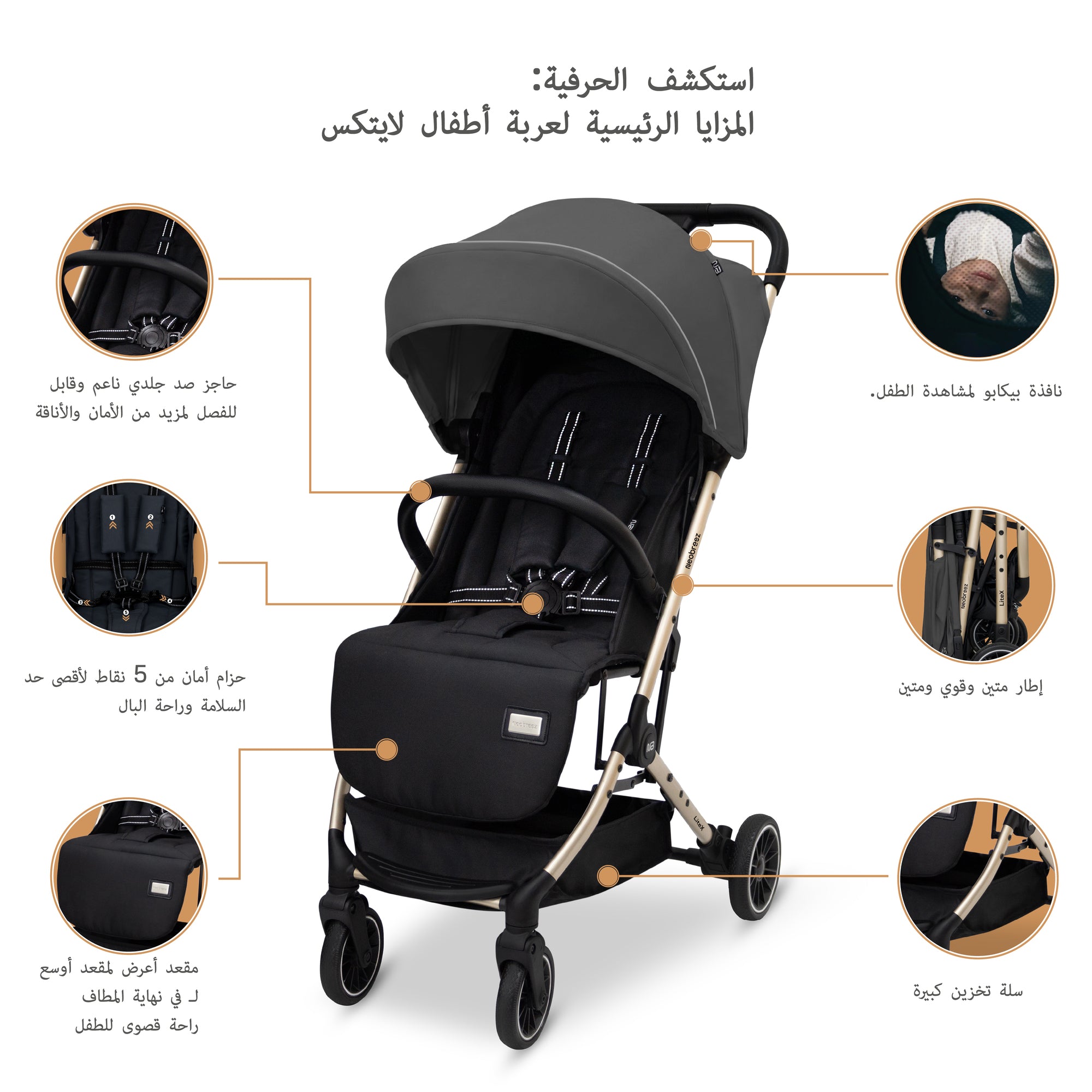 Neobreez Litex Compact Cabin Stroller Grey Black with Gold Frame