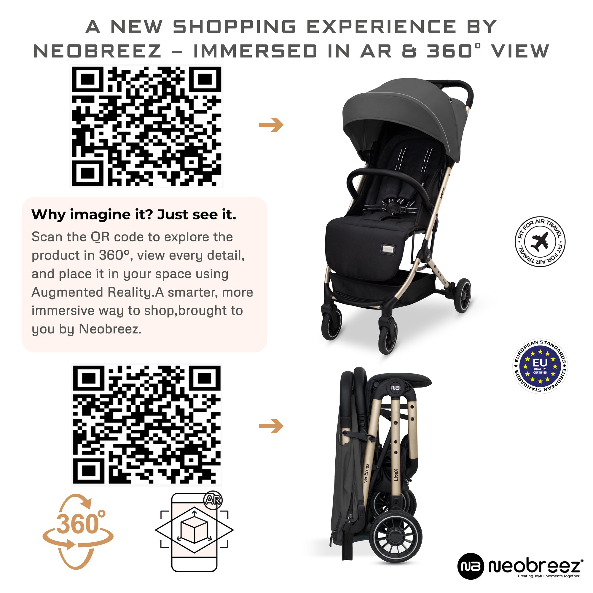 Neobreez Litex Compact Cabin Stroller Grey Black with Gold Frame