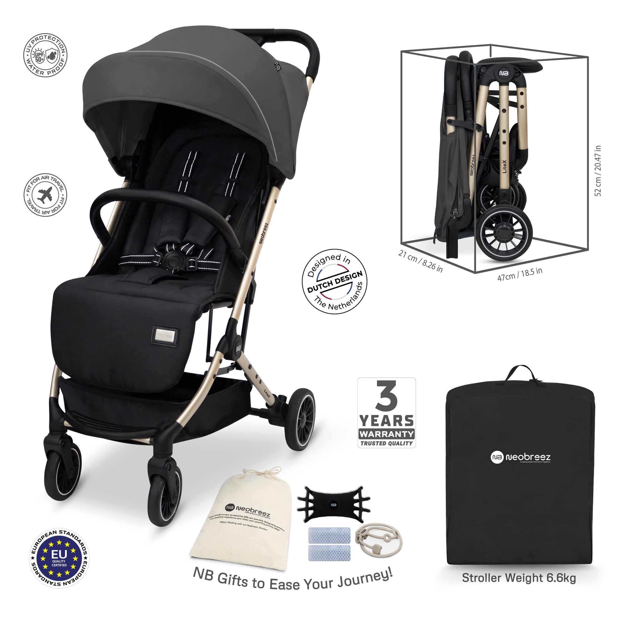 Neobreez Litex Compact Cabin Stroller Grey Black with Gold Frame