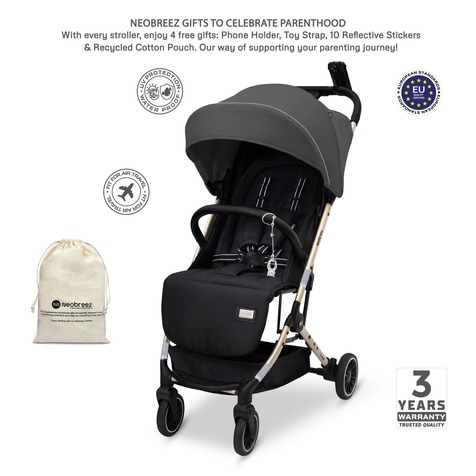 Neobreez Litex Compact Cabin Stroller Grey Black with Gold Frame