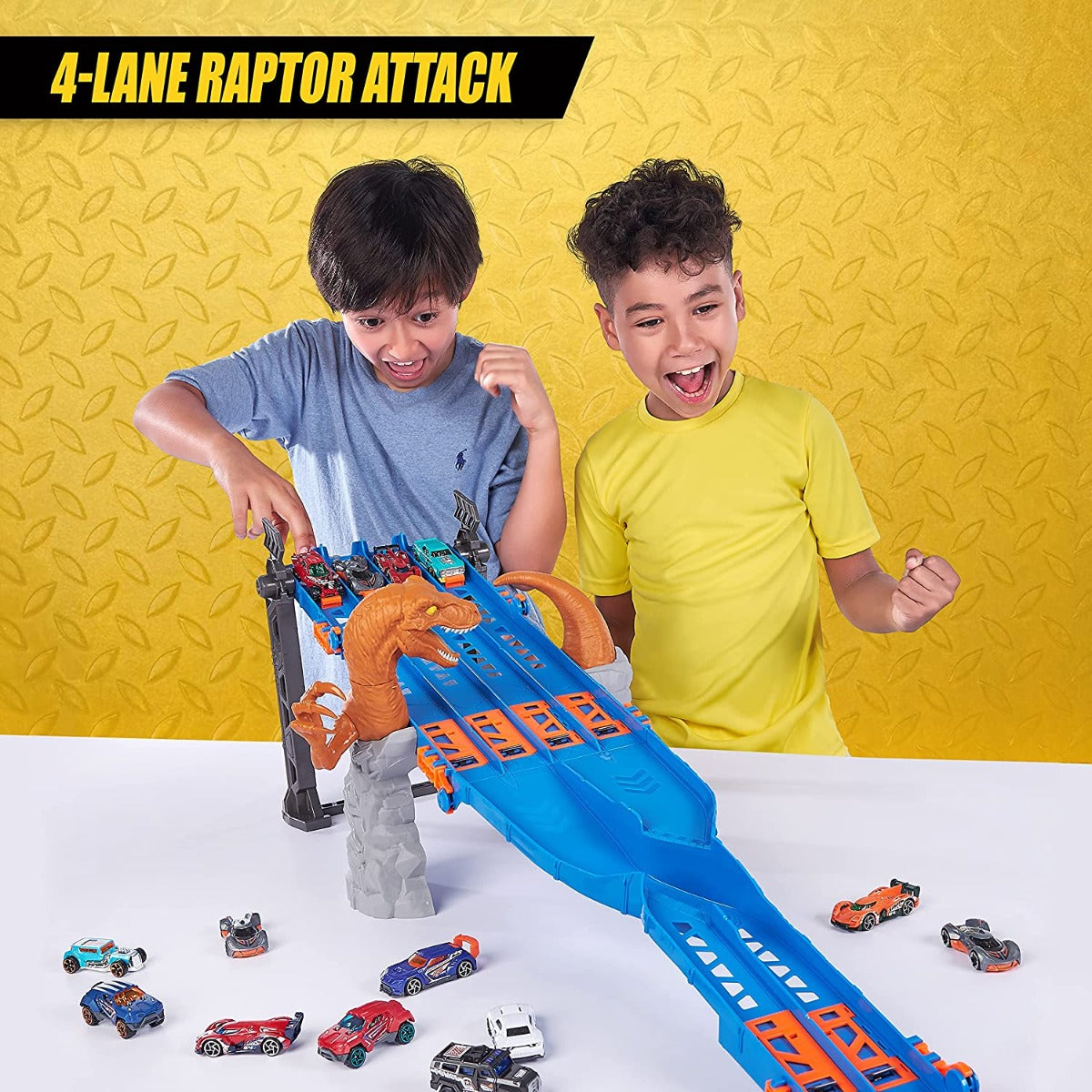 Buy Metal Machines 4 Lane Dinosaur Raptor Attack Playset with Mini Racing Car | Yallatoys.com
