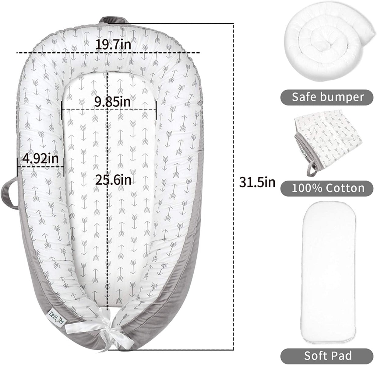 Little Story  Soft Breathable Fiberfill Newborn Lounger Bed Arrow Grey Little Story Yallatoys