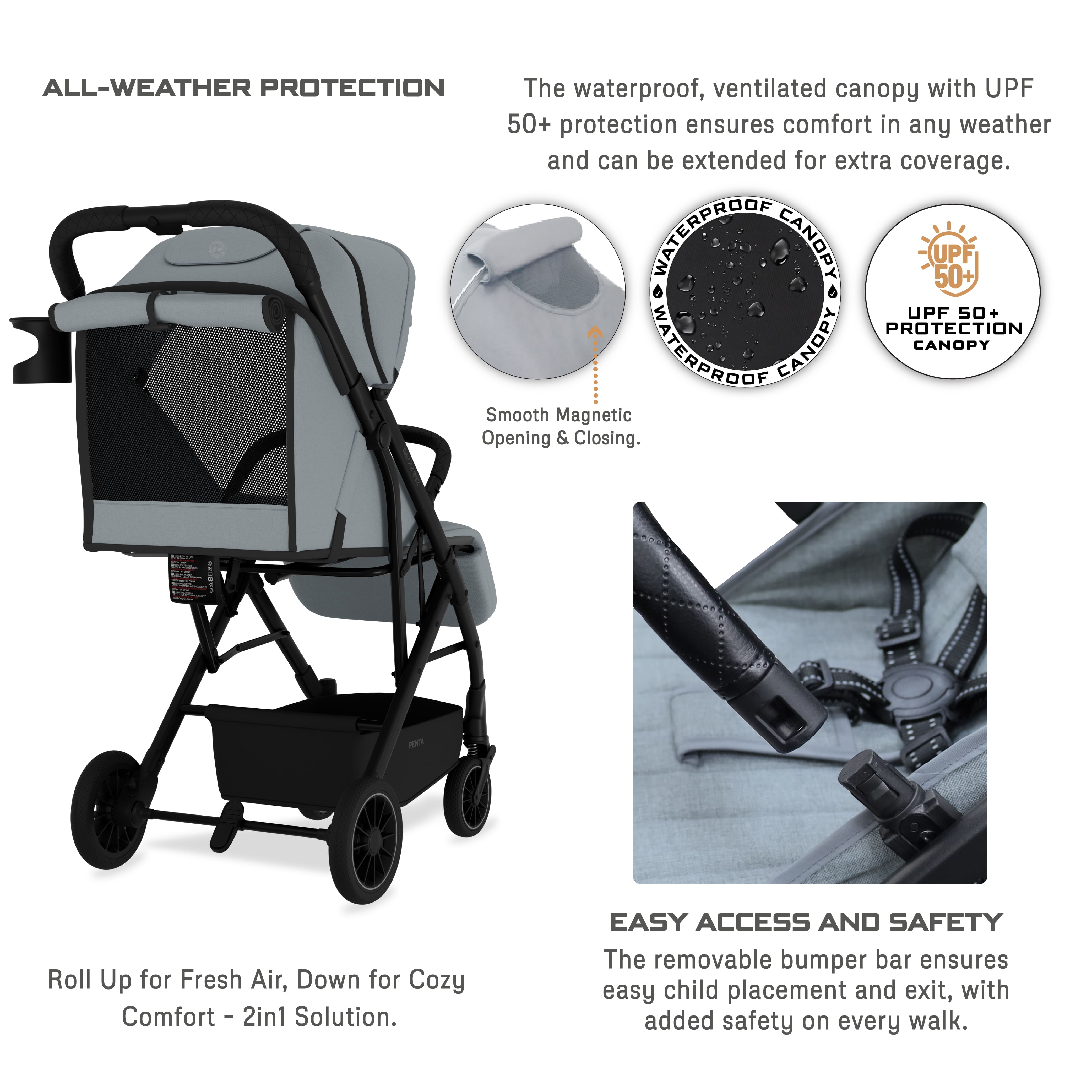 Neobreez Penta Compact Lightweight Travel Stroller With Cup Holder Medium Grey
