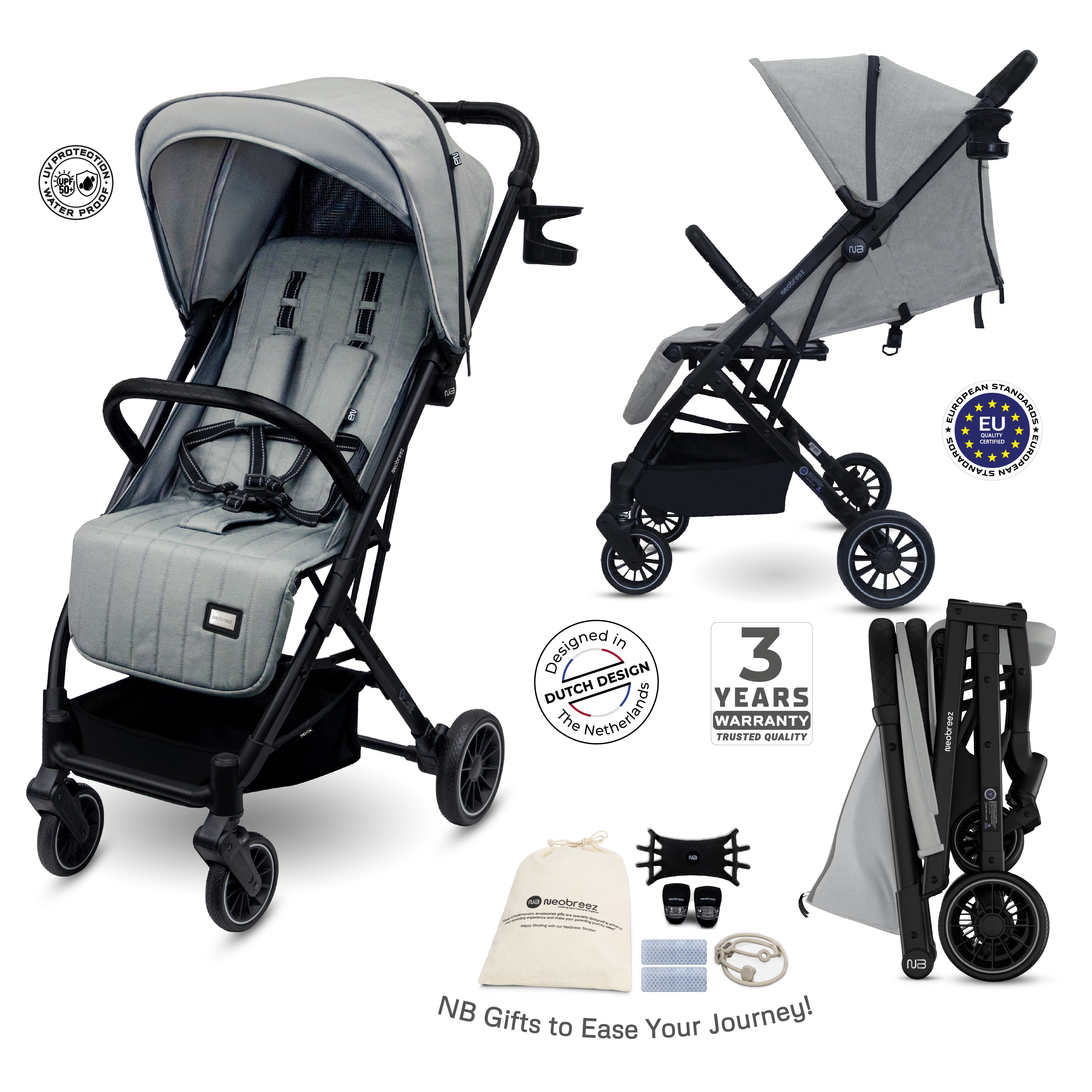 Neobreez Penta Compact Lightweight Travel Stroller With Cup Holder Medium Grey