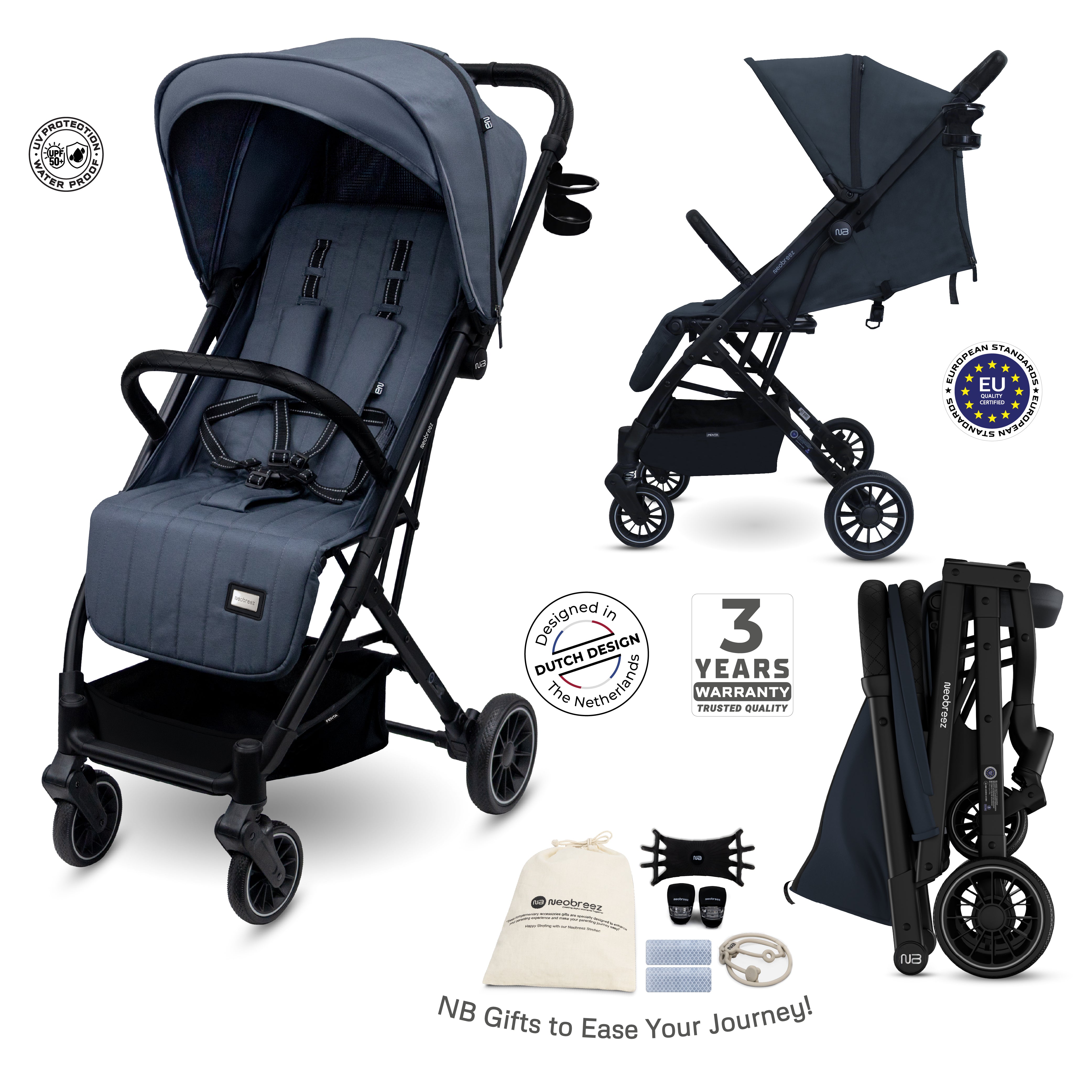 Neobreez Penta Compact Lightweight Travel Stroller With Cup Holder Black/Grey