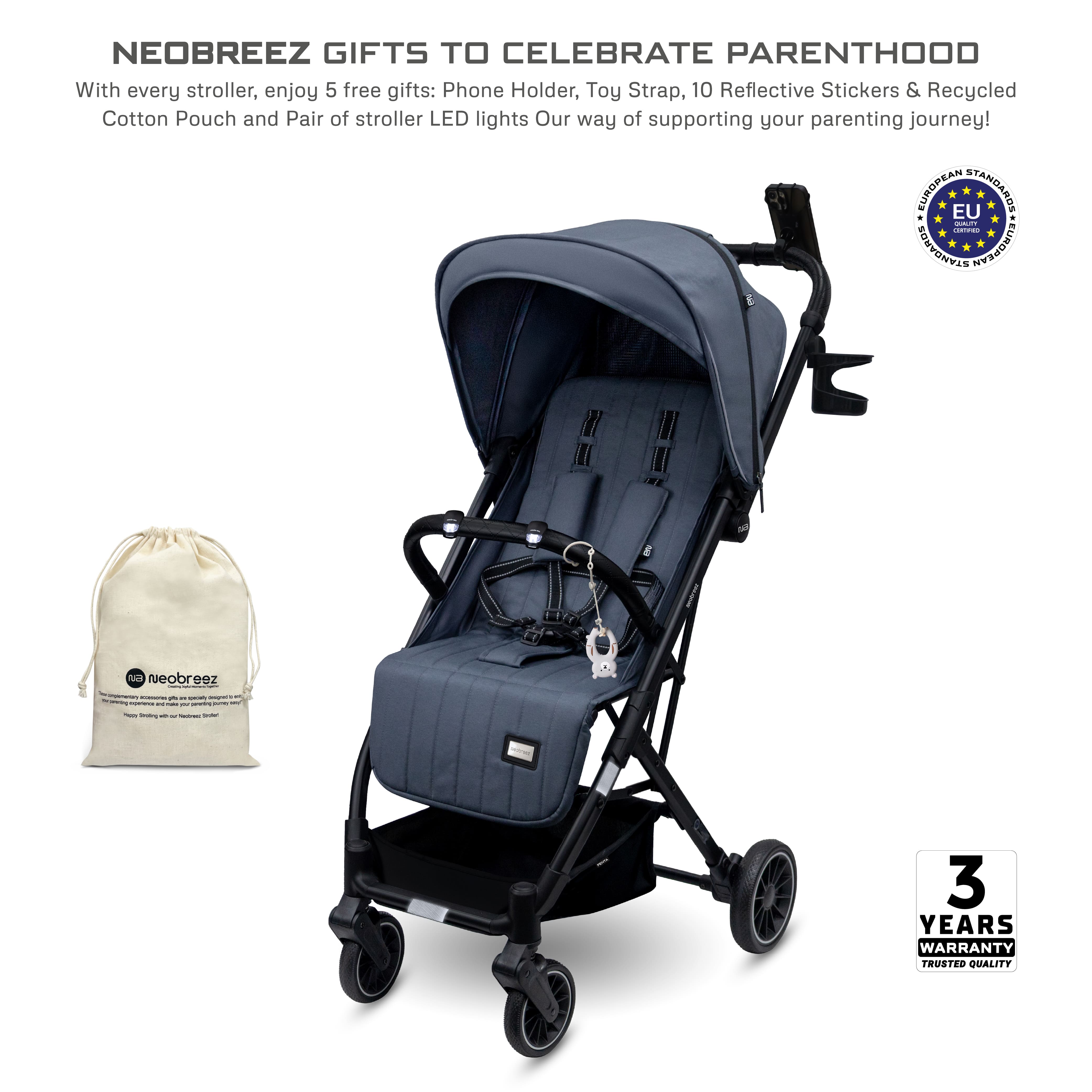 Neobreez Penta Compact Lightweight Travel Stroller With Cup Holder Black/Grey