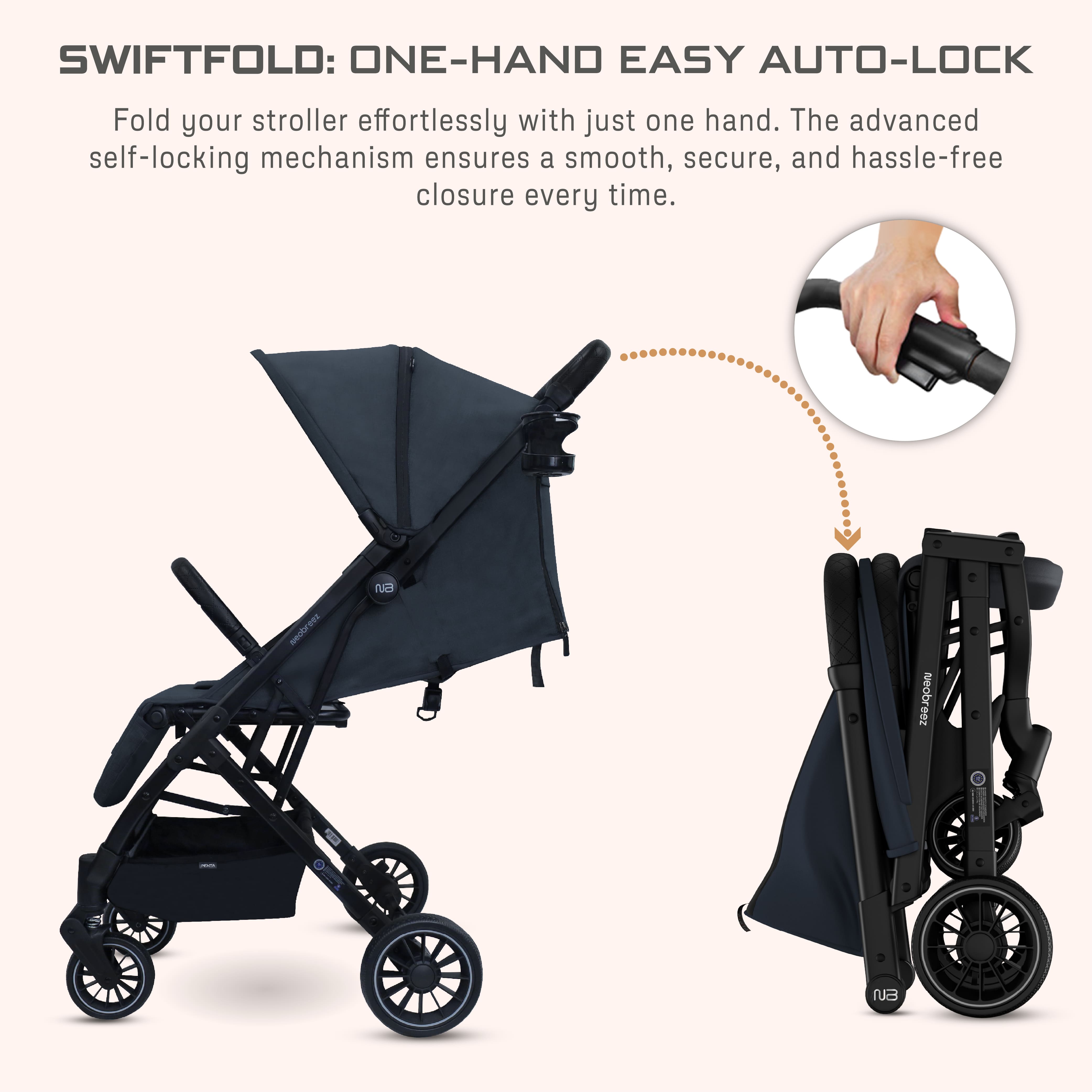 Neobreez Penta Compact Lightweight Travel Stroller With Cup Holder Black/Grey