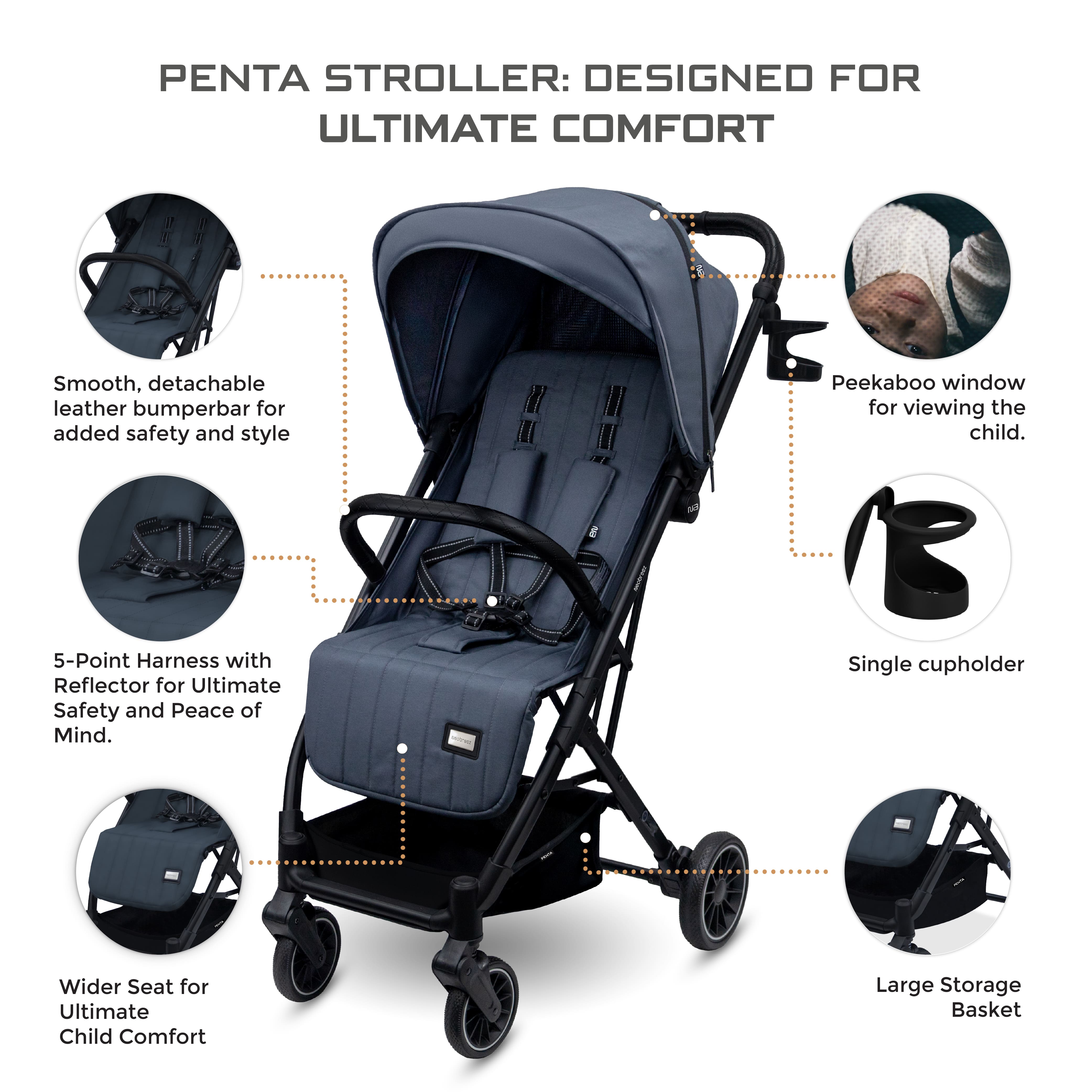 Neobreez Penta Compact Lightweight Travel Stroller With Cup Holder Black/Grey