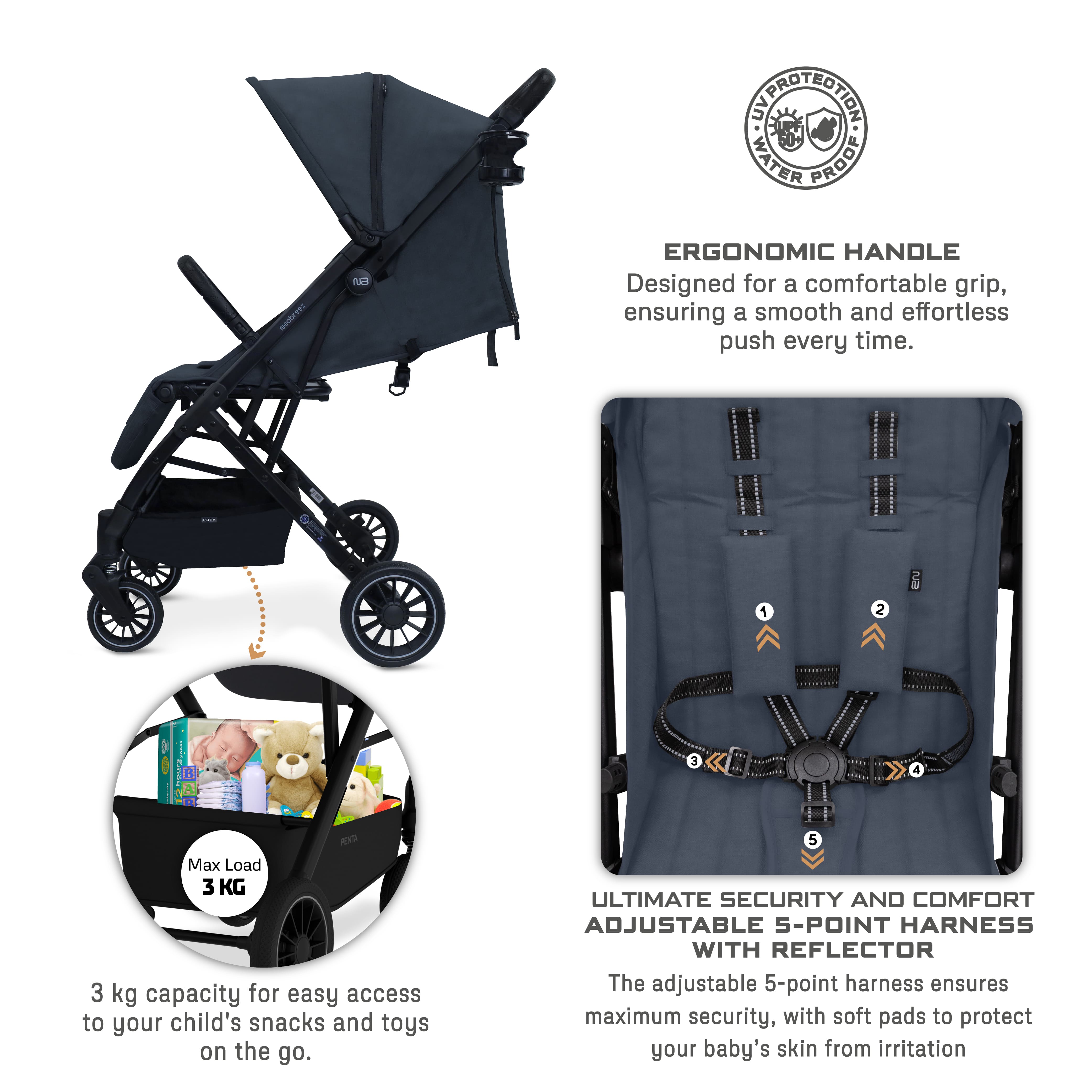 Neobreez Penta Compact Lightweight Travel Stroller With Cup Holder Black/Grey