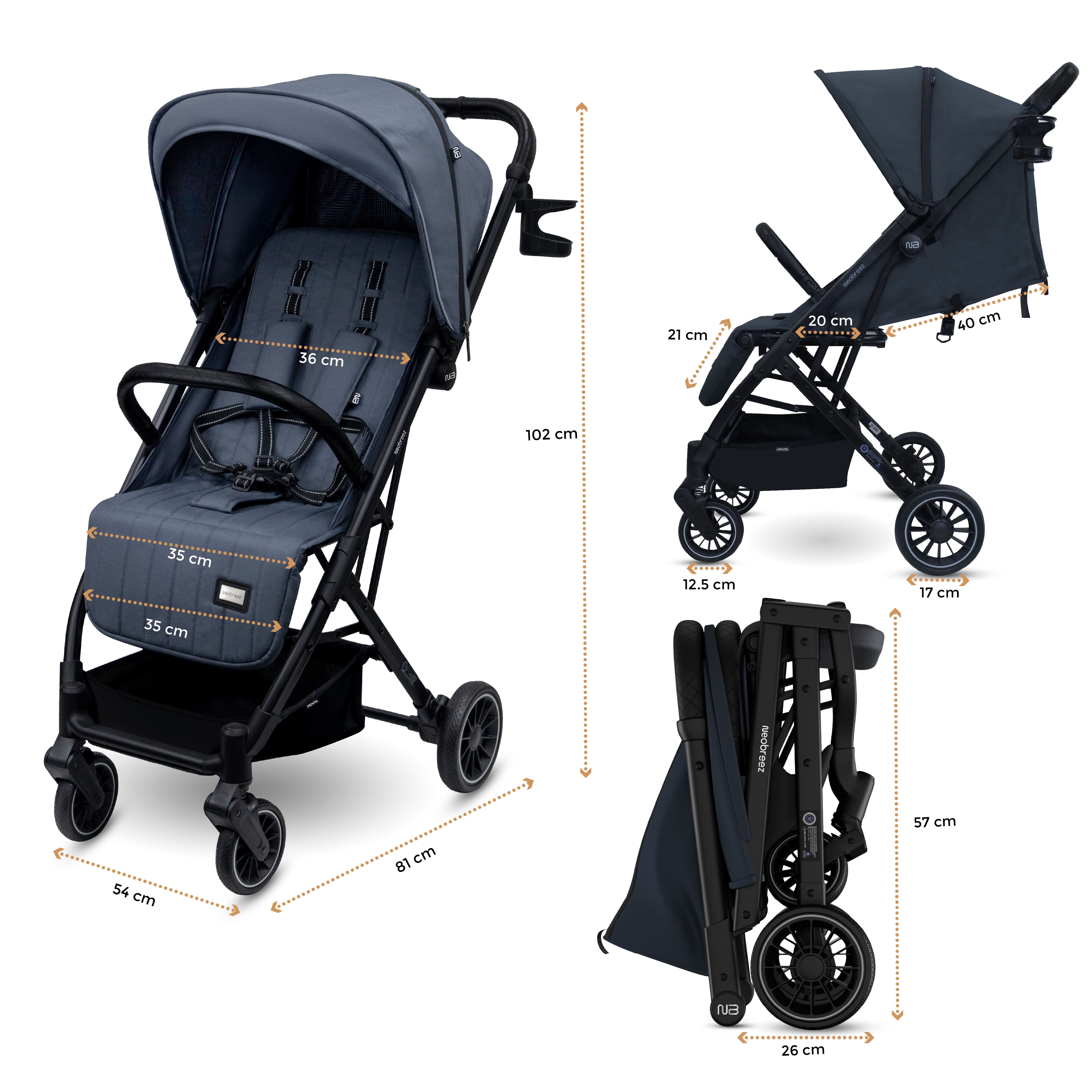 Neobreez Penta Compact Lightweight Travel Stroller With Cup Holder Black/Grey