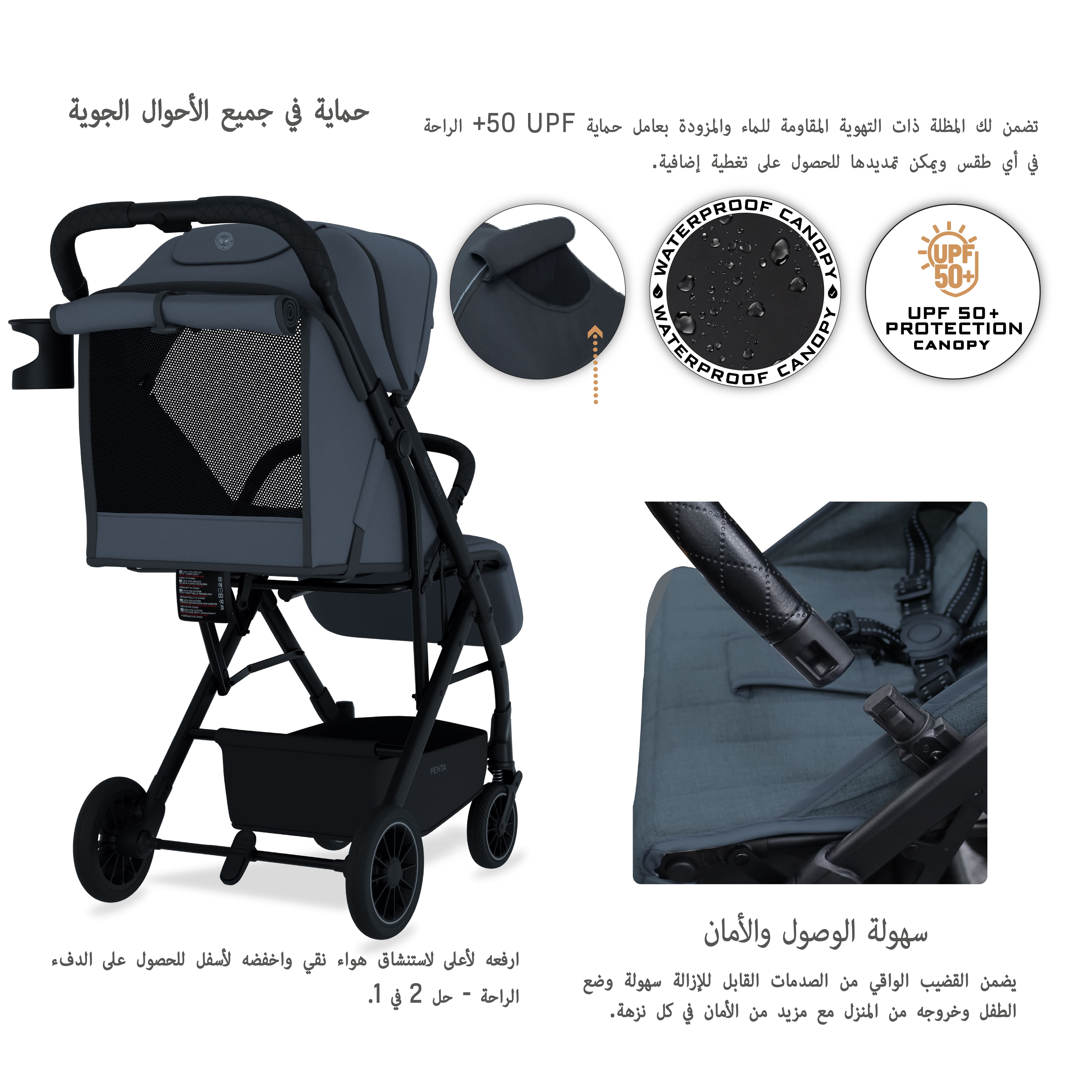 Neobreez Penta Compact Lightweight Travel Stroller With Cup Holder Black/Grey
